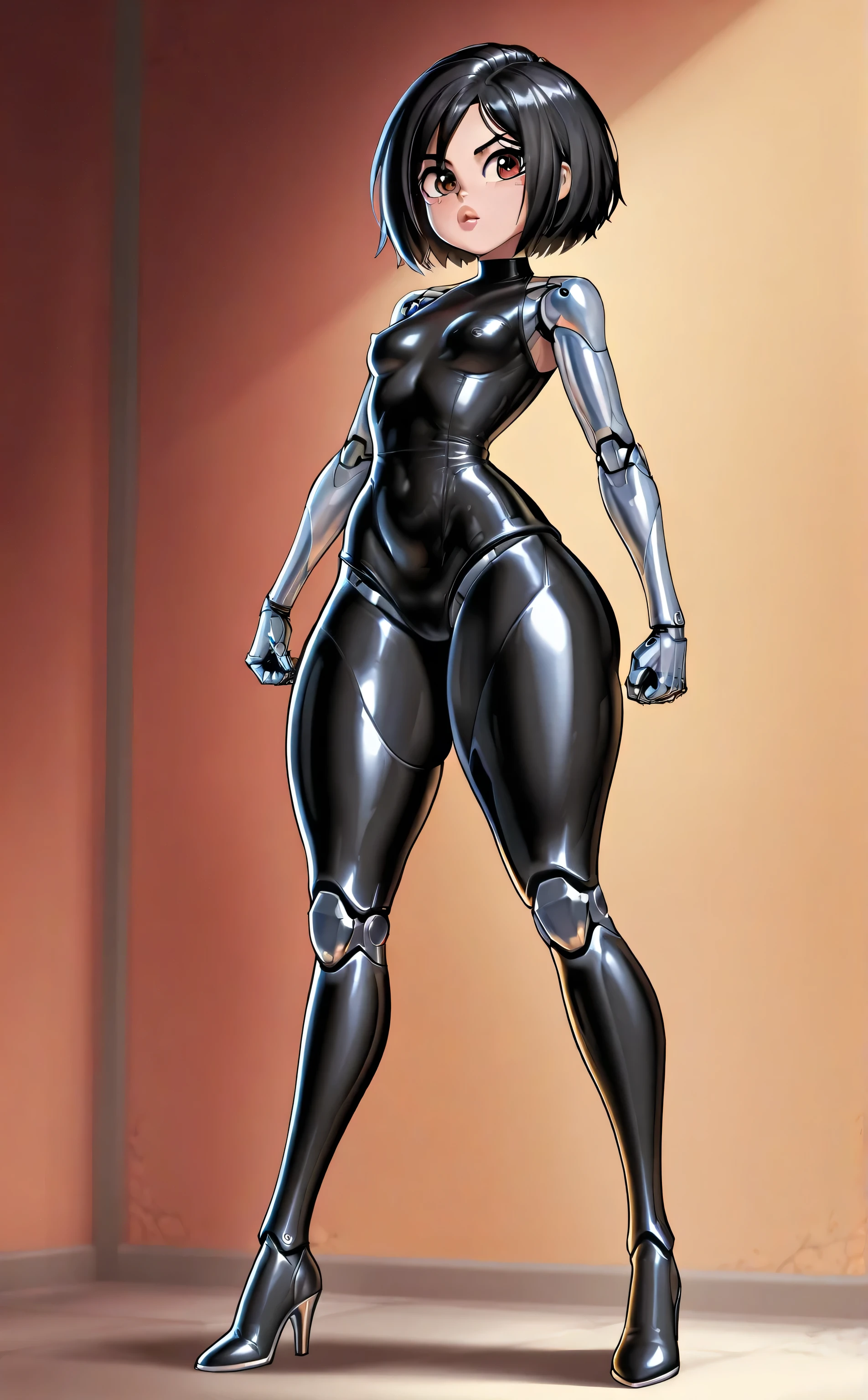 8k ((full body view:1.5)) ((seductive eyes:1.3)), defined cheekbones, 1woman, ((pointed up horns:1.7)), ((the pit style:1.4))((defined jawline:1.2)) ((sleek chrome bodysuit:1.6)) (detailed face:1.5), blue skin,(puffy lips:1.5) (blue skin:1.6), beautiful face, (bald woman:1.7), (skinhead) ((stands confident)),(Muscular:1.3), ((gigantic breasts:1.8)) ((front view:0.6)), )highly detailed, majestic, digital photography, art by artgerm and ruan jia and greg rutkowski, ((metal wings on back:1.4)), (masterpiece, sidelighting, intricate details, (((black color palette)))
