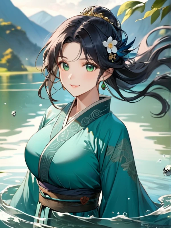 chinese woman with long black hair, green eyes, ancient traditional blue robe, green earrings, hair ornament, mountain and lake in background, Round and big Breasts, slight smile, tall woman, Floating Hair, Playing in the water