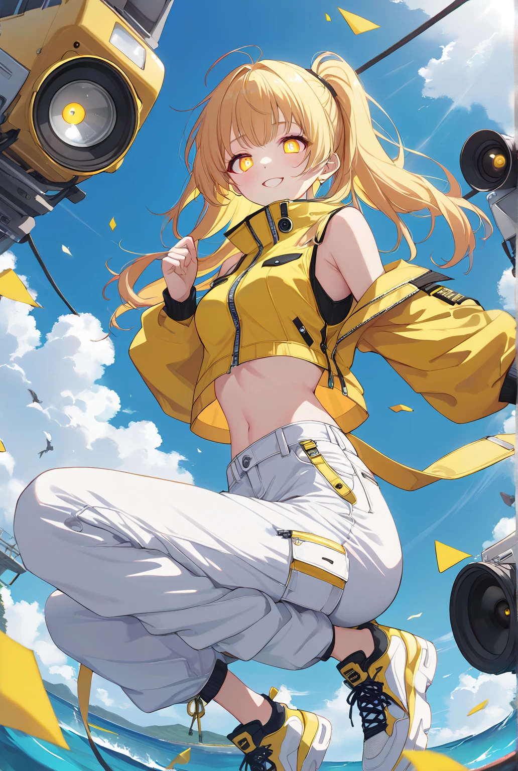 best quality, ultra precision, one girl, (kagamine_rin), big smile, she loves you, blue eyes, small breasts, sleeveless, (gold hair:1.2), short hair, sailor collar, black short pants, white shirt, belt, young, lori, shiny sky, outdoor, date