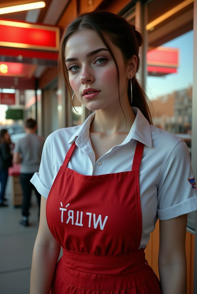best quality,masterpiece,realistic, 4k,woman, imogen poots,<lora:imogen_poots-V1_M3+O10-3:1>,KFC uniform, make up,smile,look at right,