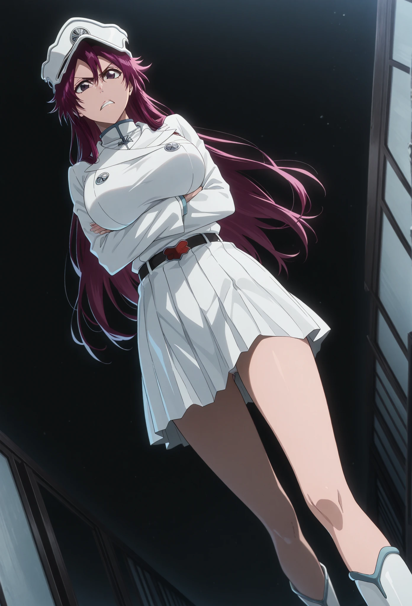   one girl , Alone, 、BLEACH, White Hat、 short skirt ,  underwear、 boots、evil、 black background、angry expression
 Look below,   arm-crossed、 detailed crotch、 general  , Masterpiece,   top quality,   So Aesthetic ,   anime screen capture ,  Big Breasts、 dutch angle,   general  , Masterpiece,   top quality,   So Aesthetic ,