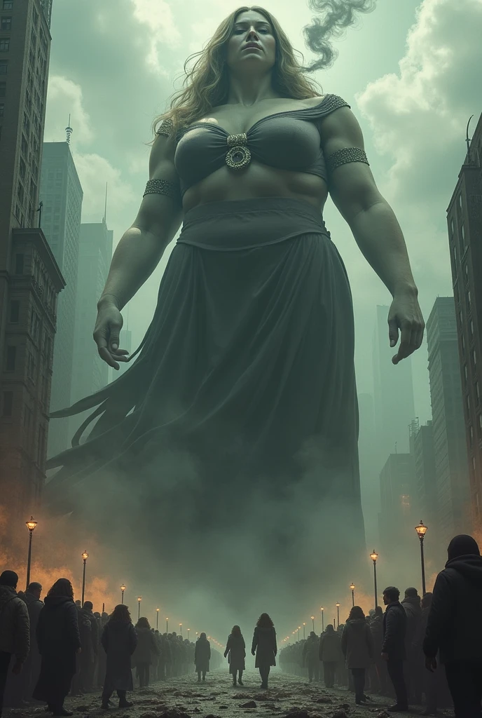 A giant goth with big bust and wide hips who attacks a city while chasing her little boyfriend who in comparison is like a little mouse to her.