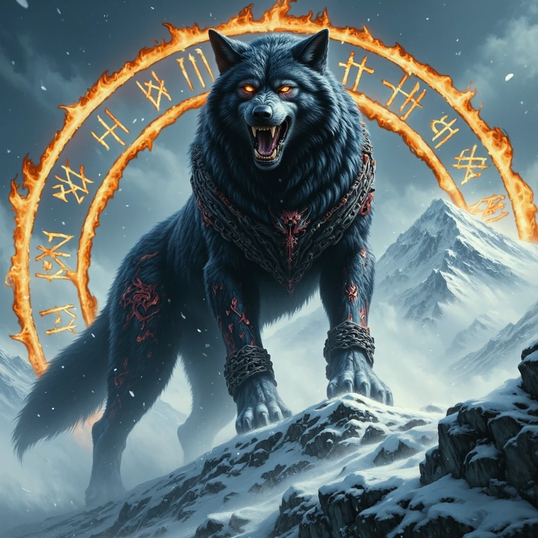 Ginormous black wolf sits like a guard at the peak of a snow covered mountain, looking over a snowfilled valley. Facing viewer. The wolf snarling and his eyes are fiery. His pelt is scarred and his body is wrapped in chains. A blizzard wails around him, blowing his thick black fur. Snow falling fast and being blown around. Fiery Viking runes appear in the sky behind him. The name "Cajun Fenrir" sketched in fiery letters between the runes in the sky. Dynamic movement, dynamic posing, High Resolution, Masterpiece, Cinematic, Depth Of Field, Image Fill, Floating particles 