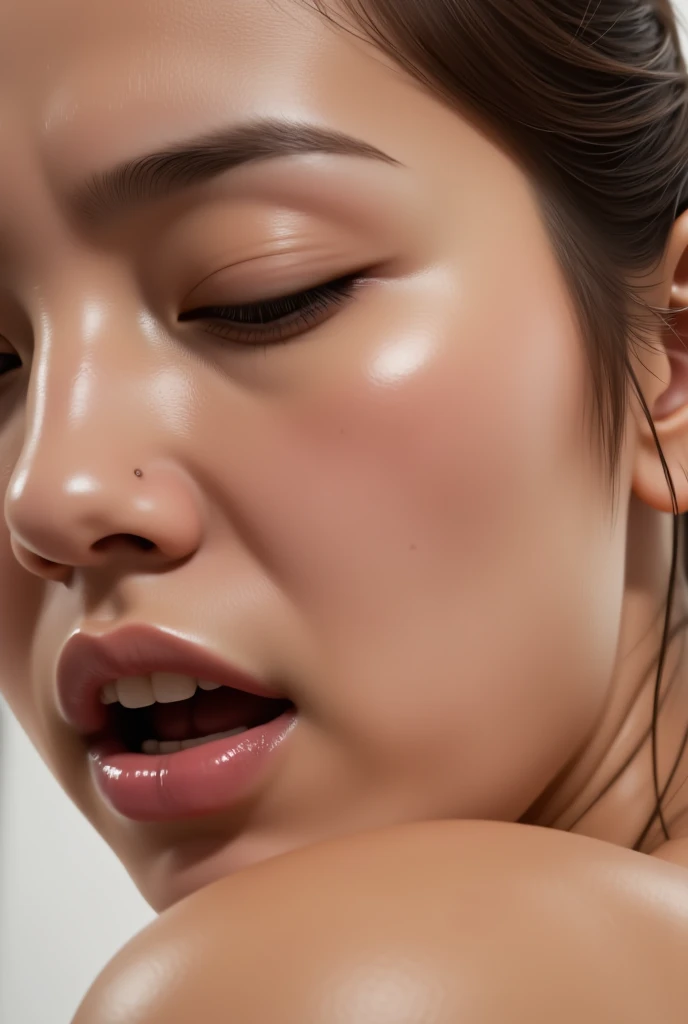 一人のwomanの画像,、Face close-up、Smooth Skin、masterpiece、Highest quality、8K Photo、((close your eyes and open your mouth slightly))、close your eyes、Suffering face、(Wrinkles around the eyes:1.2),woman, 20-year-old、中年woman、Get closer to the audience、Wet lips、kiss pov,tilt your face slightly to the left、薄Dark Room、Dark Room、((Oily skin、Sweat, skin shining with Sweat,))