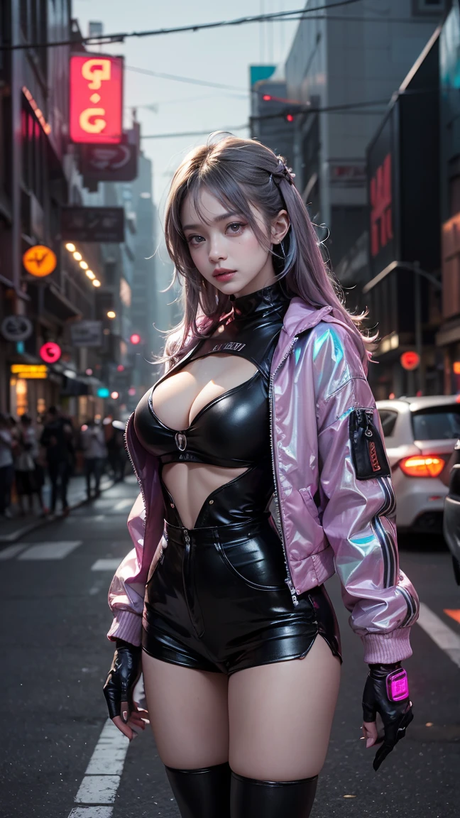 ((Cowboy Shot)), in a futuristic cyberpunk-like cityscape, Attractive 20 Year Old Woman, she features mechanical prosthetic hands that shine with neon lights and, slim visors that cover some eyes, has cyberpunk-like gear integrated into the body,Her outfit is a fusion of tech and street fashion, cropped jackets and futuristic boots with LED patterns, metallic accessories, The city behind it is vivid holographic ads and flying cars, vibrant with towering skyscrapers,scene is neon pink, Electric Blue、 wrapped in violet light, creates a dreamy yet edgy vibe, her confident,but her playful expression is, It adds friendliness to a high-tech aesthetic, (Long hair), ((Large breasts))