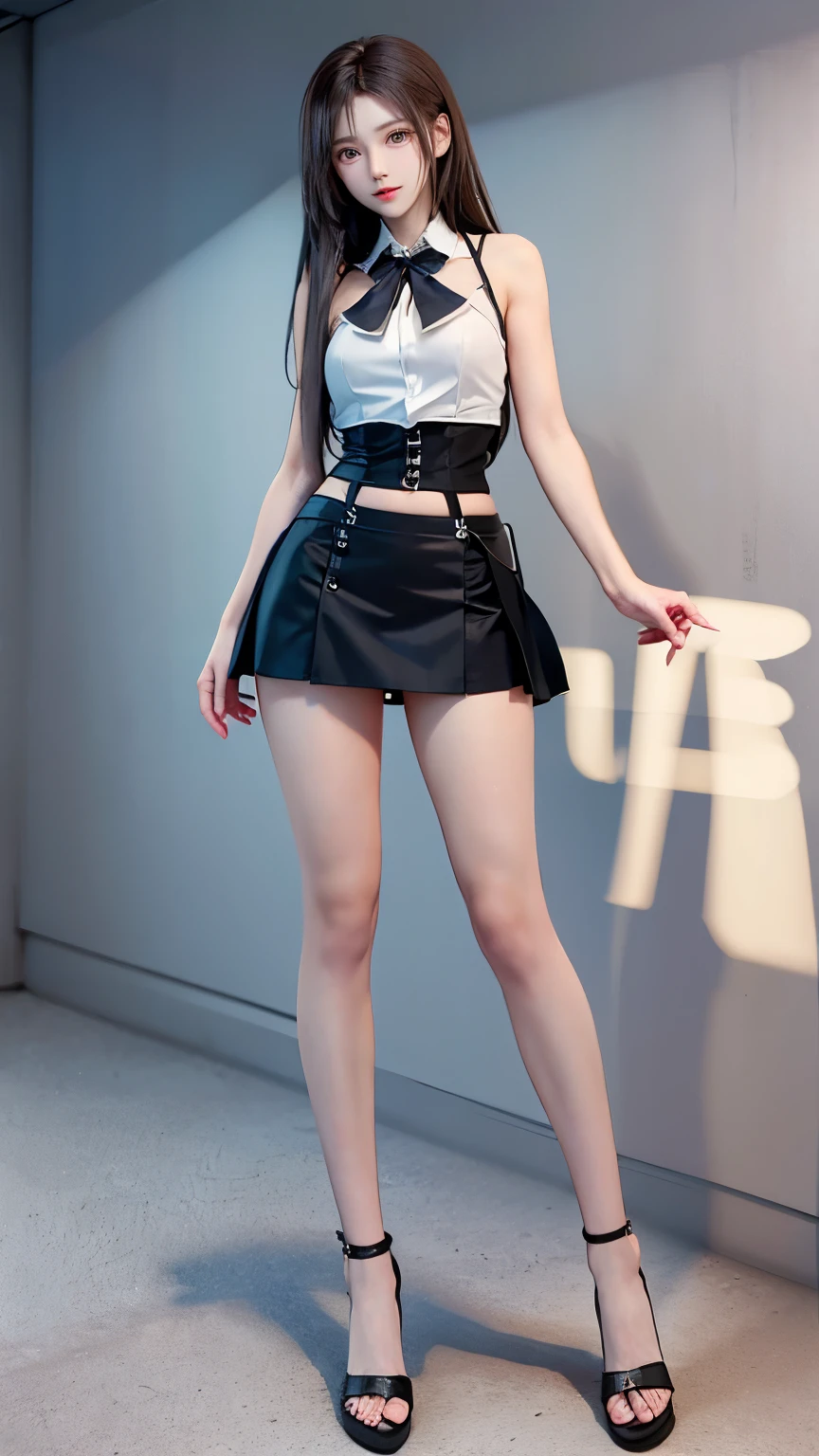((from below)), A young girl, beautiful girl, 校服, jk_lure_dress3, White color blouse, black short skirt, cropped shoulders, Slim, Slimming the waist, high-heels, the shy, grinning smile, ear nipple ring、choker necklace、heavy makeups,Gorgeous eye makeup,Extremely beautiful eyes, coiffed blonde hair, curlies, long and flowing hair, In the office, Stand up, standing on your feet, leaning on desk, Cross ed leg, Mess up your hair, Posing for photos, Pose gracefully, Random shooting angle, warmly lit, Warm color palette, Best quality at best, beauitful face, Attractive, 超高分辨率, ultra real photo