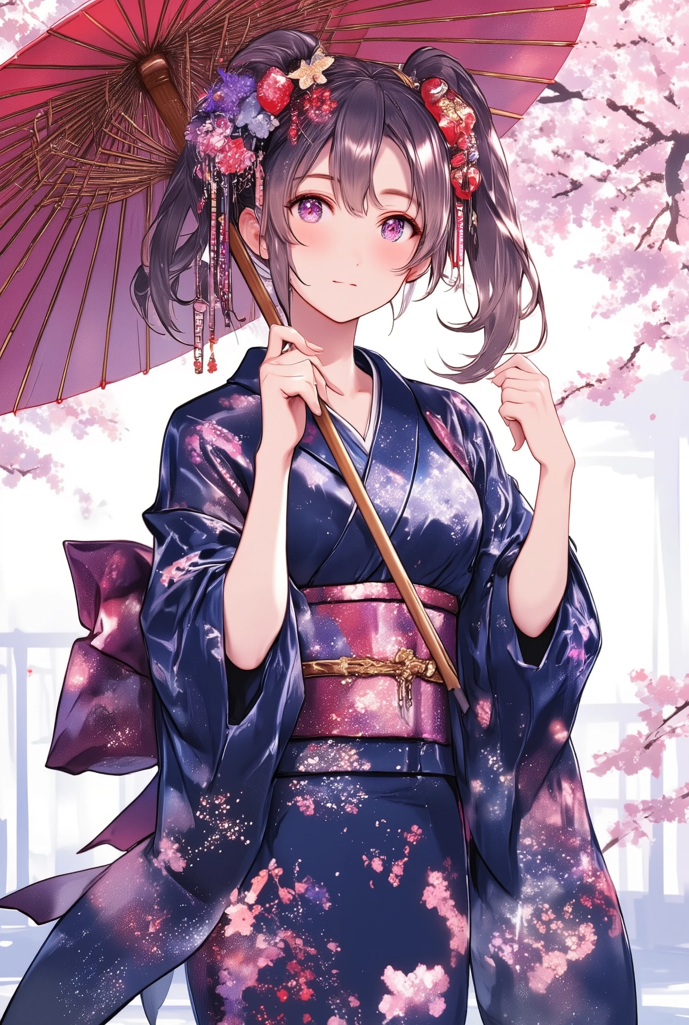 ( top quality:1.5), ( ultra high definition:1.5), (解剖学的にAccurate人体構造), (masterpiece), Accurate, more details, high detail,Award-winning works,32K, PROFESSIONAL ILLUSTRATION , absurd ,Young woman holding a Japanese umbrella, Cute Japanese woman holding a Japanese umbrella in her hand , A beautiful and cute woman wearing a Japanese navy blue kimono standing with a Japanese umbrella, upper body shot above the knee , 1 Japanese woman, 20 years old, Height: 158cm, looking at me with a very cute smile , 綺麗な和風の髪飾りがある着物に似合う ponytail,Red and pink Japanese style hair ornaments , Navy blue Nishijin textile kimono with a beautiful and detailed cherry blossom pattern , Japanese Style , beautiful anime portrait, detailed portrait of an anime girl , amazing beautiful anime portrait , beautiful anime woman , Digital animated illustration with a very detailed depiction , Very artistic, realistic, beautiful anime girl showing beautiful and detailed skin , ponytail, Beautiful dark blue kimono , standing with cherry trees and cherry blossom fuki in the background , Accurate手の形, Accurate指の形, Accurate指の数, Five fingers on a hand
