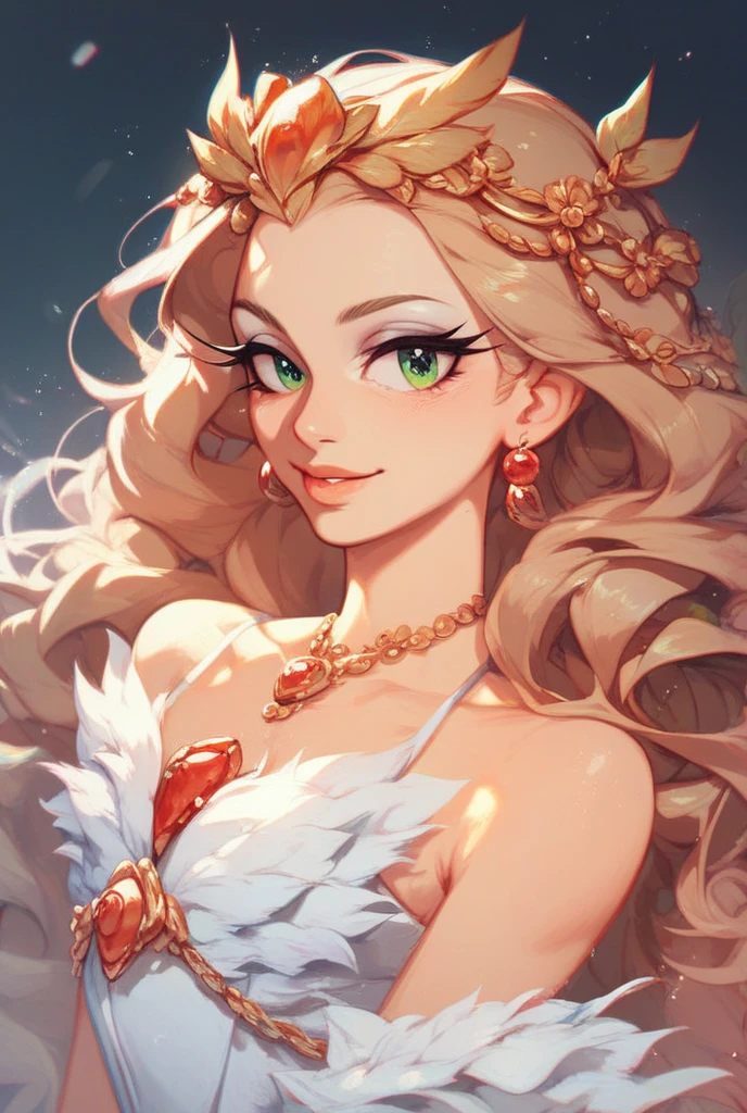 Make a female owl ,with light brown plumage , long wavy red hair , she wears a long, low-cut dress like white with silver and gold touches,green-eyed,elegant and beautiful,Sonic style 