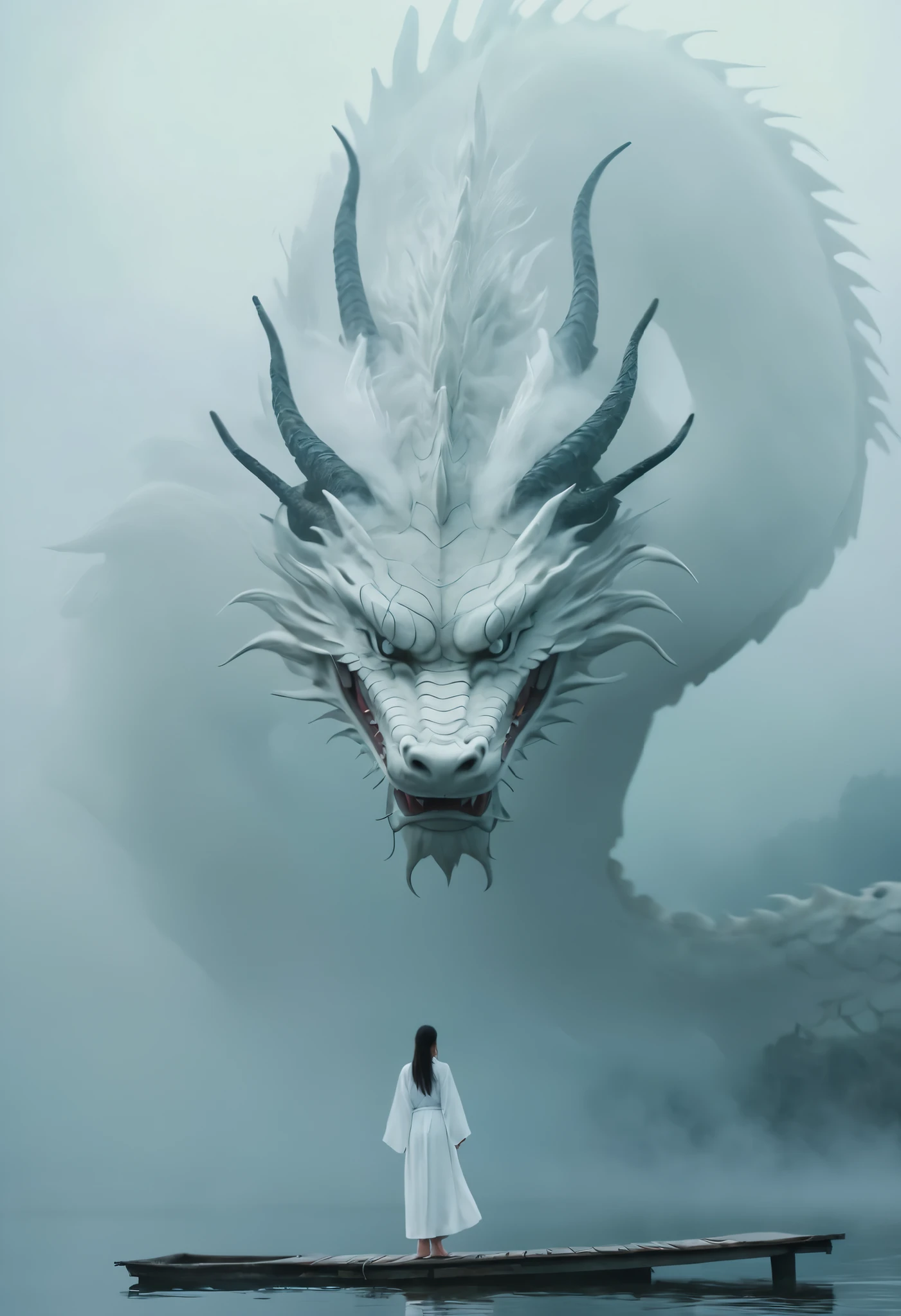 A white Chinese dragon looks down at a woman on a foggy lake. cloud, Dense fog, Symmetrical composition, A woman in a white robe walks on the lake and looks at the dragon, Full of mystery, close up