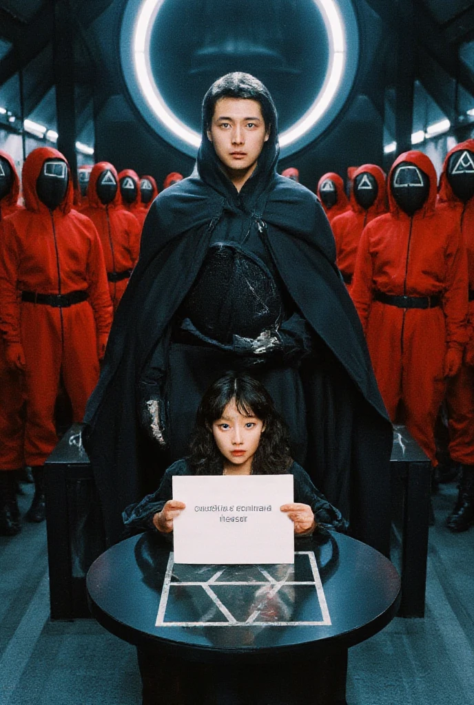 Create an exciting and futuristic scene inspired by a dystopian game setting, featuring a serious-looking man with short black hair and a dark cloak, standing confidently behind a podium decorated with geometric symbols (circles, triangles, squares). The man holds an elaborate black mask in one hand. Behind him, a group of masked guards in striking red uniforms stand in a row, their costumes featuring geometric shapes on their masks. The environment is a high-tech, modern room with reflective floors, neon lights, and an tense, cinematic atmosphere.Beautiful girl with wavy long hair, bohemian dress, holding a white board with text "I Love Seaart Infinity" and showing it to the viewer