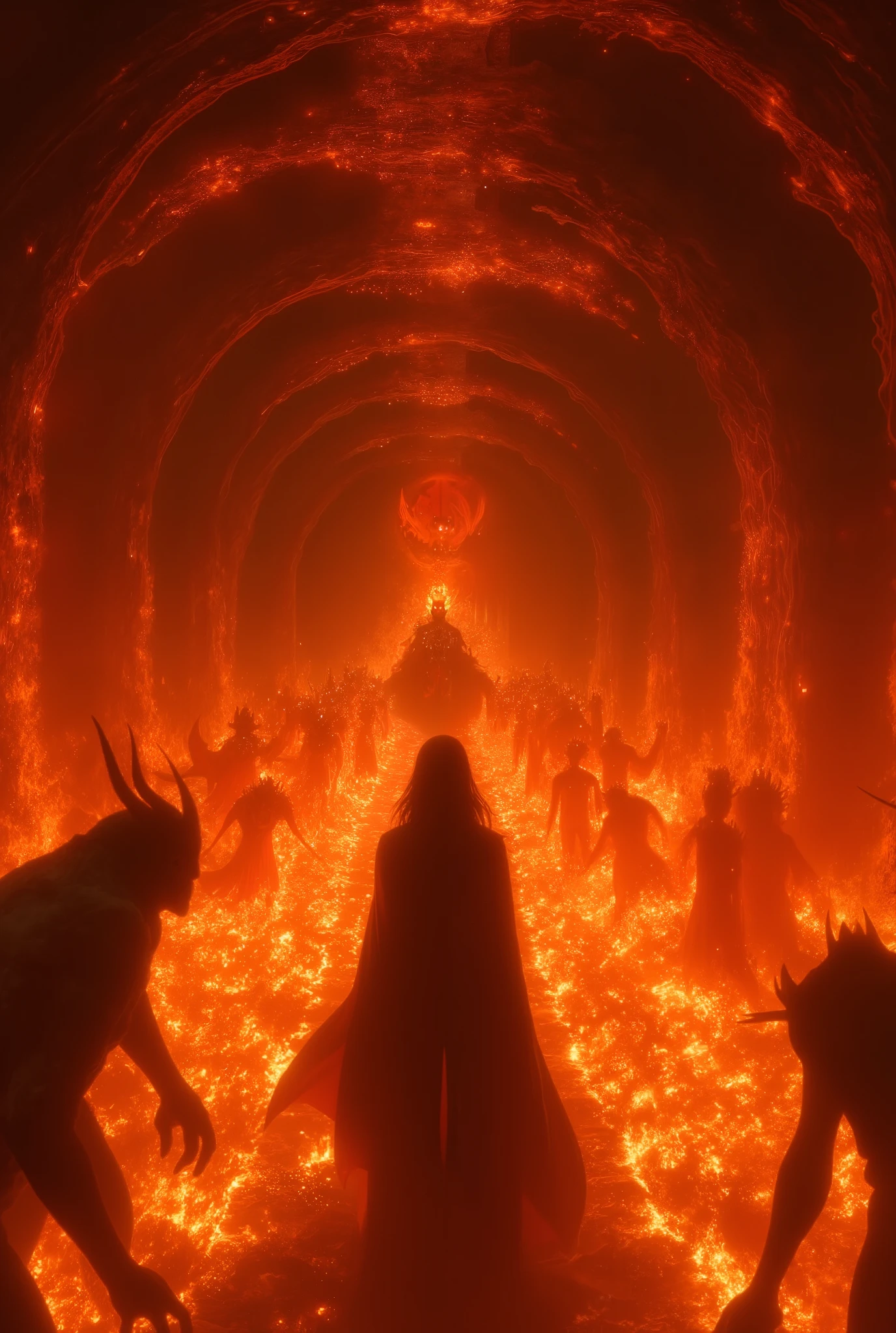 Infinite corridor, a very long infinite circular corridor with no end in sight around hell, an infinite corridor of flames in hell, where King Enma is enshrined, evil demons, a silhouette of a woman in black attire standing behind her