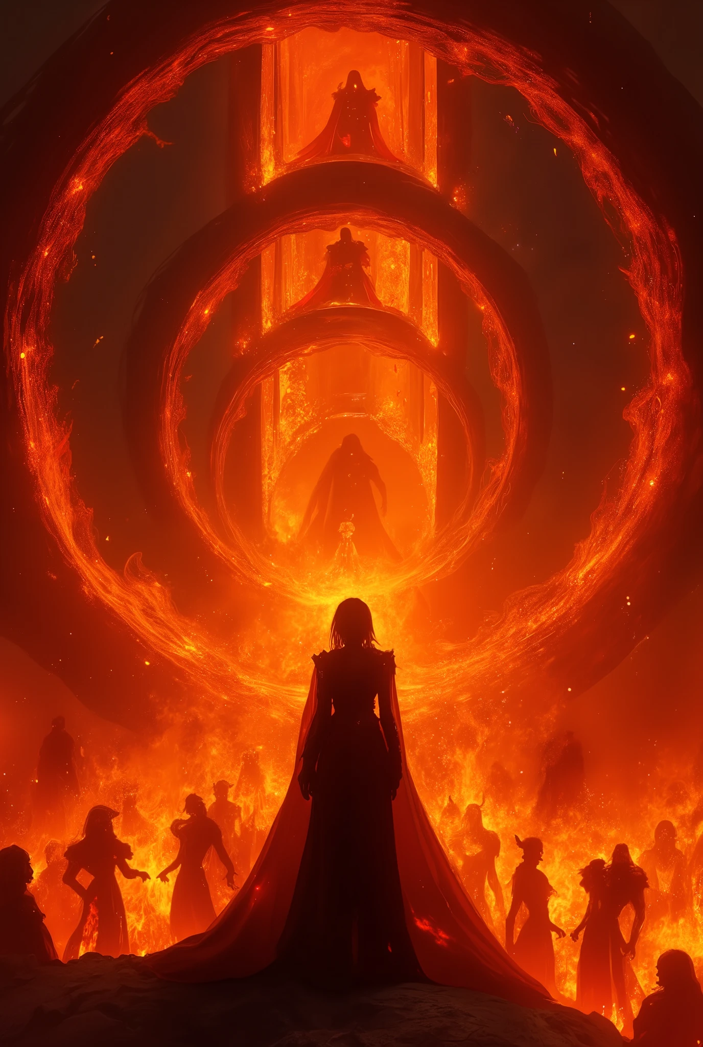 Infinite corridor, a very long infinite circular corridor with no end in sight around hell, an infinite corridor of flames in hell, where King Enma is enshrined, evil demons, a silhouette of a woman in black attire standing behind her