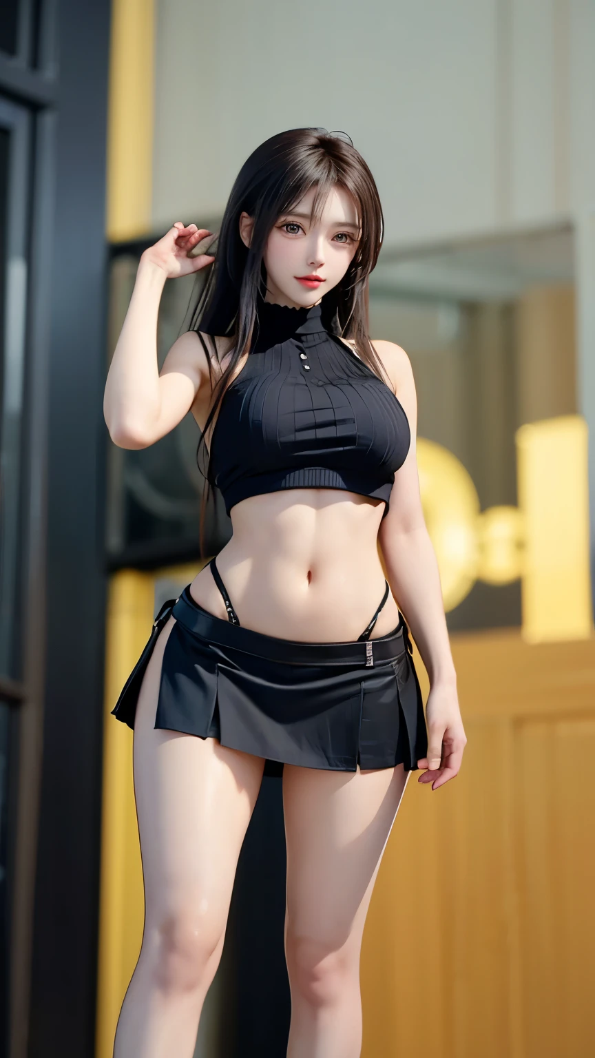 Highest picture quality、RAW shooting、Ultra high resolution、18-year-old woman、Shoot for one person only.、Modeling、large round chest、Breast cleavage、Wear a tank top、wearing a black skirt、A beautiful eye for detail、very long eyes、Beautiful eyelashes、Beautiful double eyelids、Gray wall、The legs are very slender.、Short hair with light brown hair、Very slim shape、Very small butt,wet,