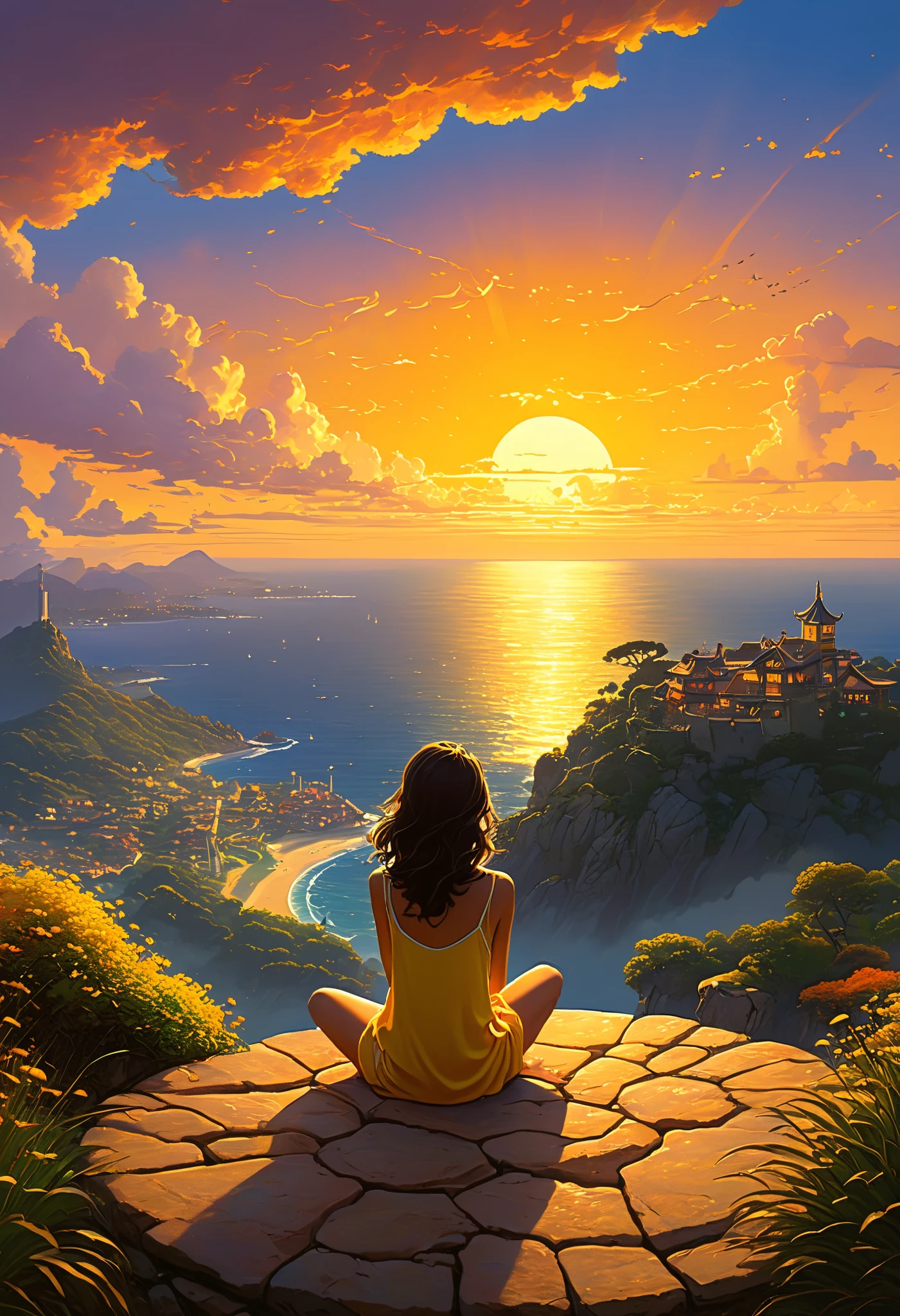 and souls、Skyscape with circular undulating clouds 、Orange-yellow sky of the infernal sunset bright yellow clouds like shimmering gold、Deities々skies 、The touch of the brush is noticeable.、girl sitting watching a sunset, Studio GHIBLI、GHIBLI、Scenery、style、the light shines、horizon , style Kilian Eng y Thomas Kinkade, Rob Gonsalves and Tim White., Sylvain Sarriel, rays and thomas kinkade, inspired by RHADS, cyril rolando and m.I'm confused, cyril rolando and m. I'm confused, rays!!! Beautiful digital artwork , Detailed 4K Painting, very detailed digital painting , rich and picturesque colors, beautiful digital painting