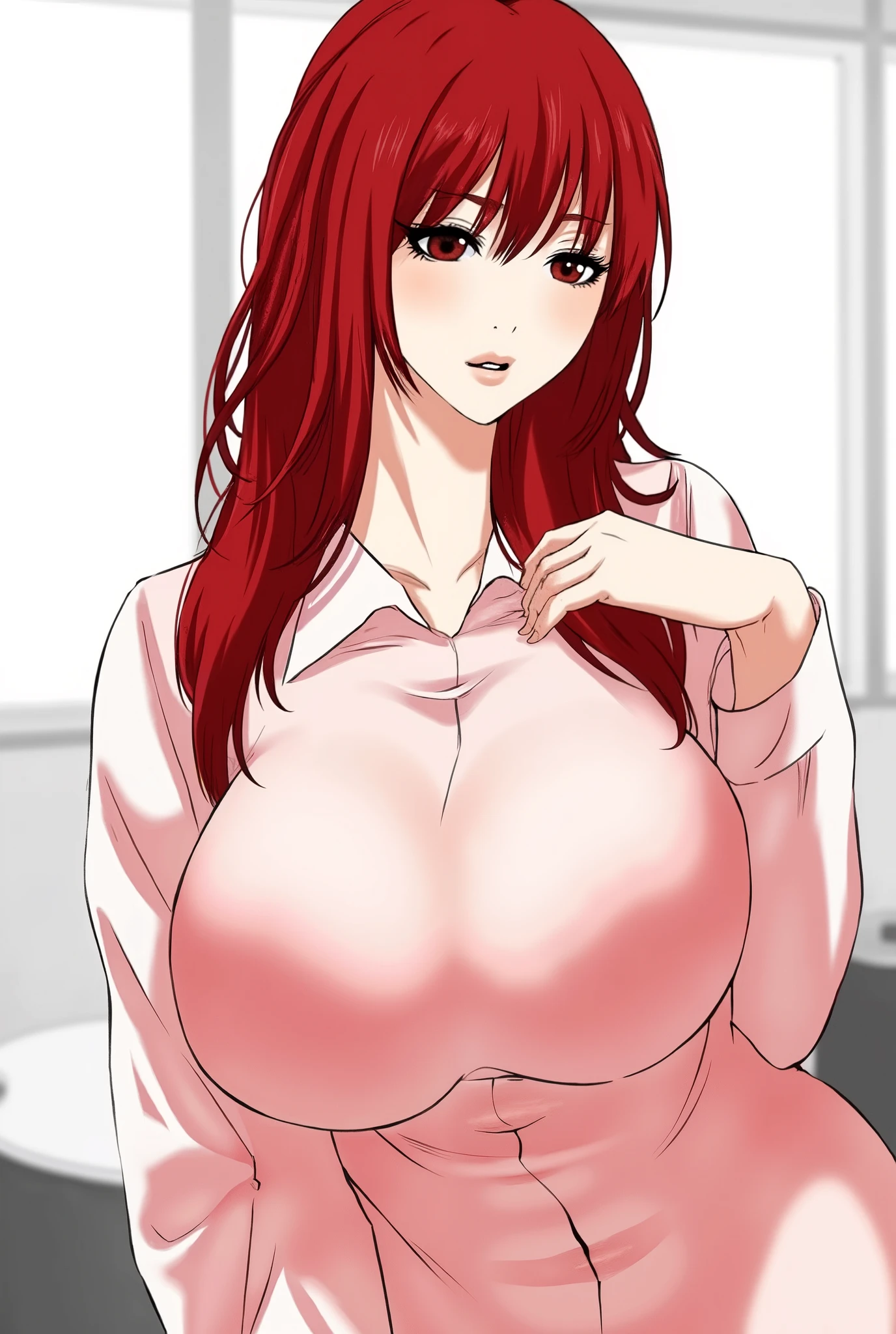 Lookism, extremely Sexy girl, hot body, extremely voluptous, huge breast, extremely large breasts, massive breasts, slim, slender, curvaceous, curves, plump lips, wide hips, wide shoulders, huge ass huge butt, red hair, shirt red hair, makeup, thin bra, manhwa panel, manhwa art, webtoon, webtoon Panel, webtoon artstyle, webtoon artist, digital illustration, digital art, digital Artwork, extremely thin bra, extremely large sagging breasts, extremely beautiful eyes, beautiful lips, seductive lips, mature, adult, fully naked, thin bra, large breast, large boobs, large tits