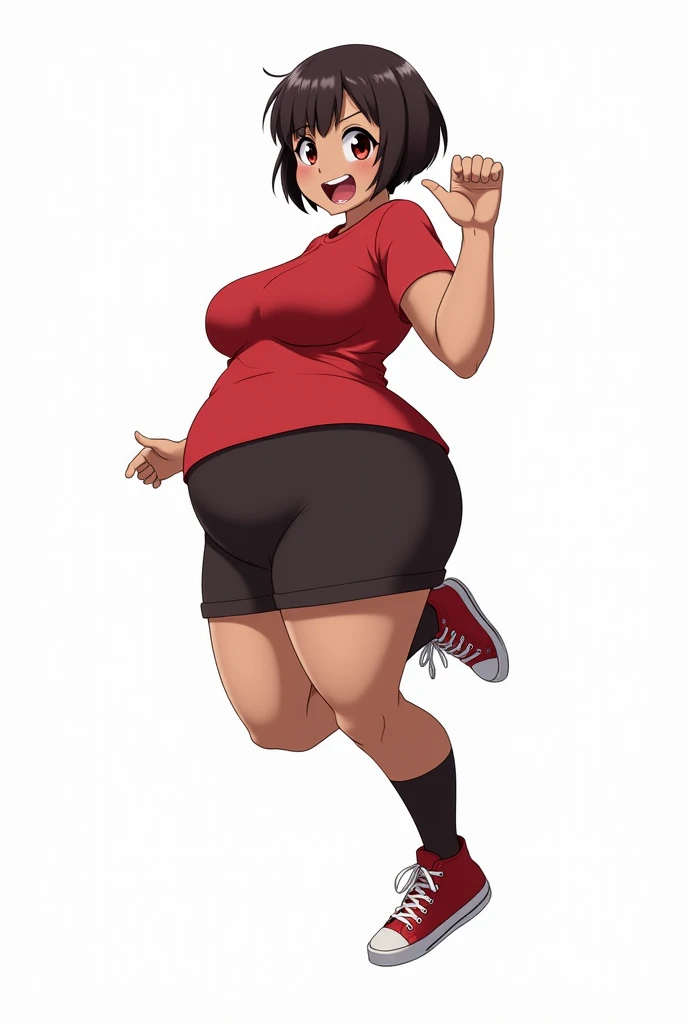 anime, Half chubby woman , tanned skin, Brazilian thief style , away from the edges of the image , short American haircut, evil smile, Dull eyes, demonic expression, white background, short red t-shirt , medium skirt high top sneakers , pantyhose , evil look, jumping,