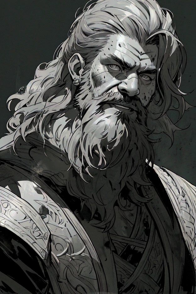 Highest quality, (Background details), High Contrast, Detailed original illustrations, Dwarven warriors、白hair、Muscular々、Wearing armor、whole body、Has an axe、, Medieval, Earrings_Deeply engraved_eye, Wrinkled face, dark_Stitch_Cape, (Dramatic lighting:1.25), (Shadowed Background:1.2), (dirty_ Sloppy_gray_hair:1.2), (length_Hairy_beard:1.3)Small stature、Delicate face, , Brave smile、鋭いeye, Black background, (Black background: 1. 5) Beautiful line art, Monochrome