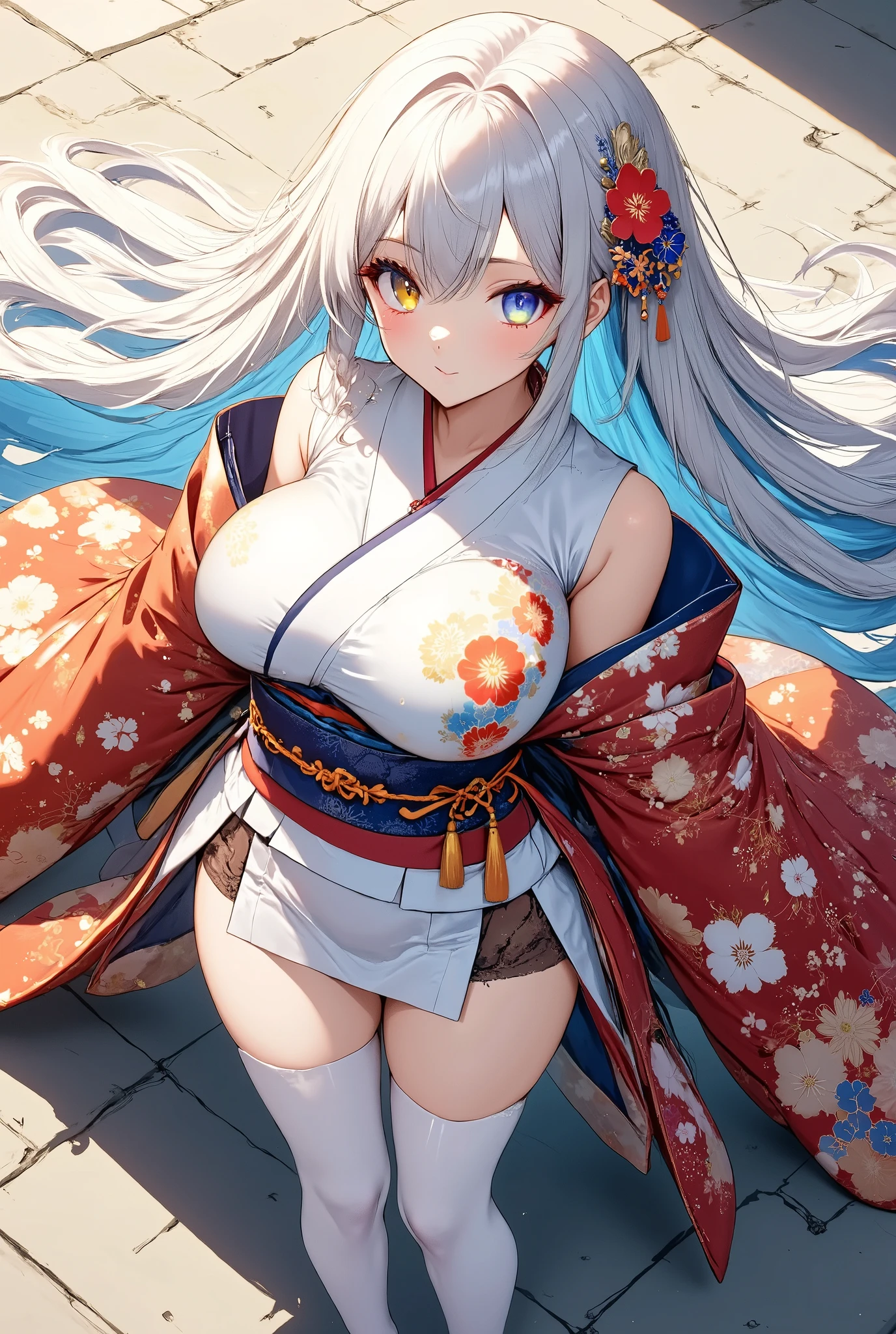 (Masterpiece,  top quality:1.2),  from the side 1 girl , Alone, Big Breasts ,A girl with complete heterochromia wearing a kimono,
Super long shimmering hair ,

 fresh illustration ,
 Detailed Map,
 top quality,
 Very Delicate Illustration ,
 very fine details ,
 Detailed Map,
 anatomically perfect ,