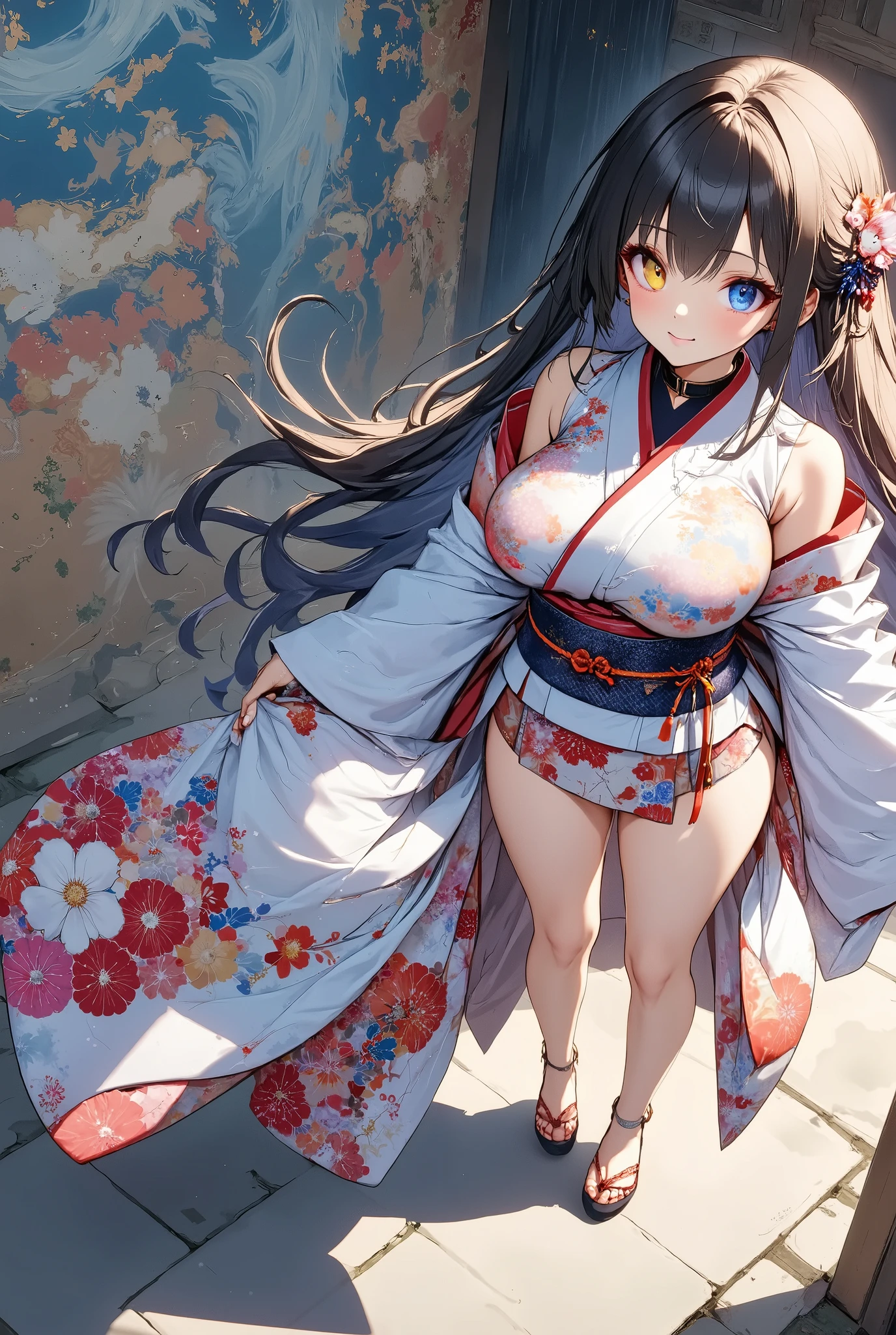 (Masterpiece,  top quality:1.2),  from the side 1 girl , Alone, Big Breasts ,A girl with complete heterochromia wearing a kimono,
Super long shimmering hair ,

 fresh illustration ,
 Detailed Map,
 top quality,
 Very Delicate Illustration ,
 very fine details ,
 Detailed Map,
 anatomically perfect ,