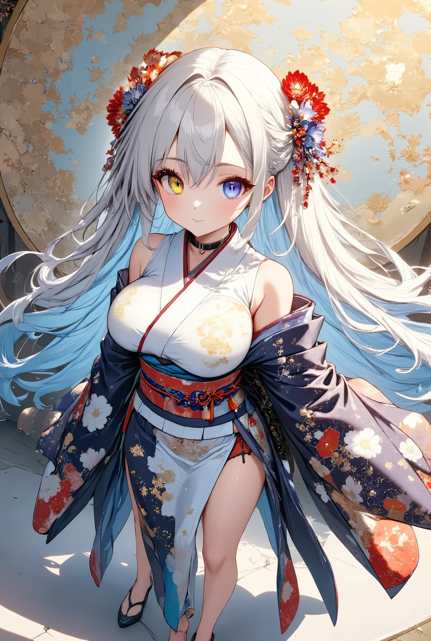 (Masterpiece,  top quality:1.2),  from the side 1 girl , Alone, Big Breasts ,A girl with complete heterochromia wearing a kimono,
Super long shimmering hair ,

 fresh illustration ,
 Detailed Map,
 top quality,
 Very Delicate Illustration ,
 very fine details ,
 Detailed Map,
 anatomically perfect ,