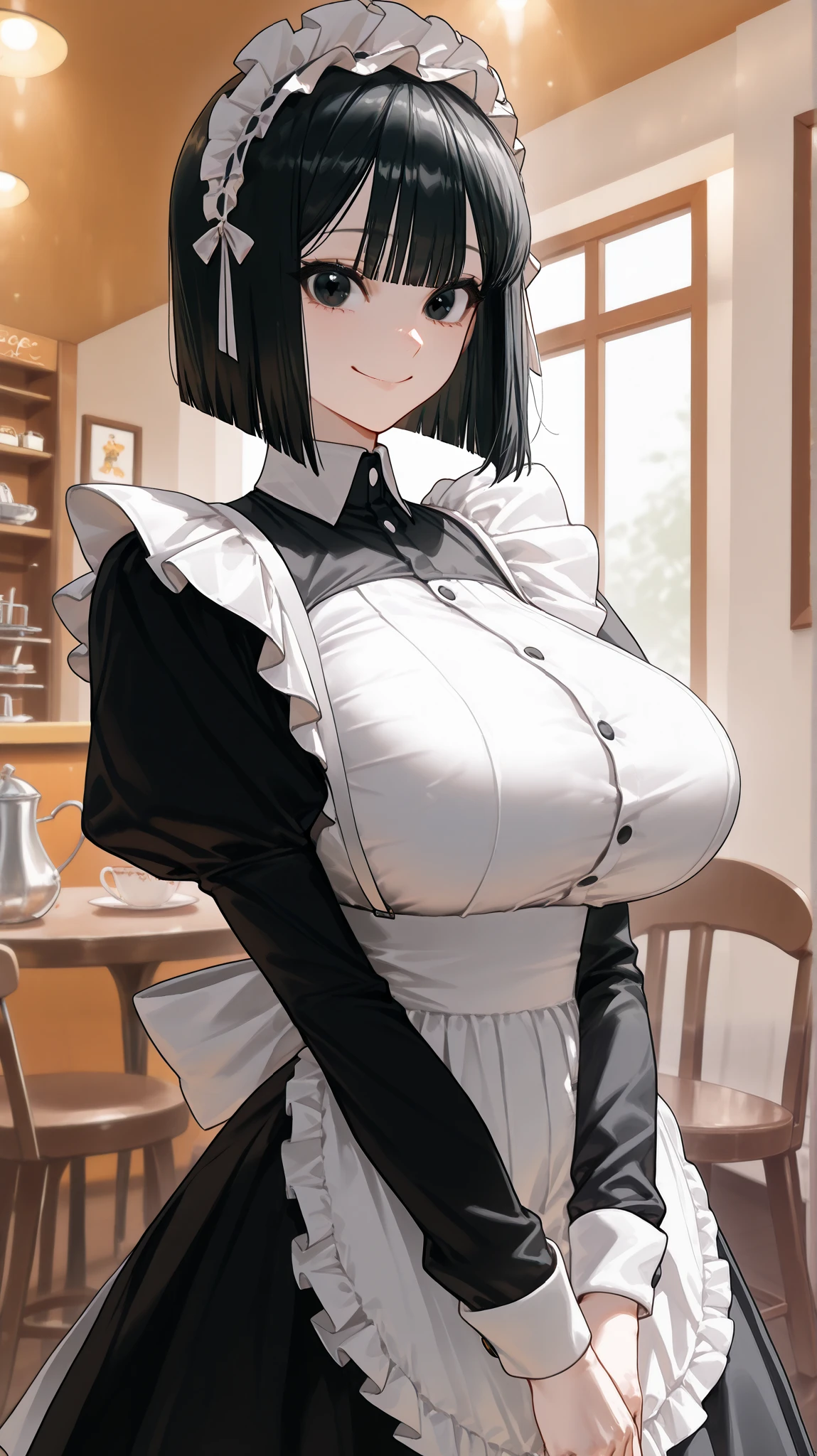 (((masterpiece))), highest quality, figure, 4k wallpaper, Cinematic Light, Absurd, One Girl ,Short Hair, black hair, Shiny Hair, Bloom Hair, Look ahead、Detailed face、Detailed Background、smile、Cowboy Shot、Daytime Kitchen,huge breasts, long earrings ,naked apron ,