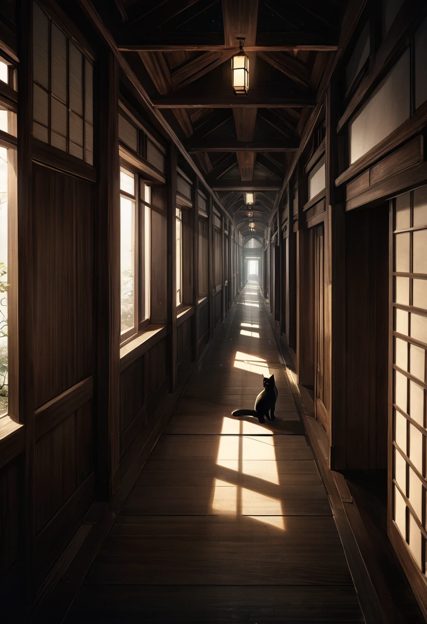 Surrealism, work of art, 8K quality, "endless corridor", perspective, traditional Japanese architectural corridor, an impossibly long corridor converging to a single point, the floorboards are made of keyaki wood, creating the atmosphere of an old temple, the corridor continues endlessly yet unrealistically, sunlight is shining in from the side in places, a black cat is walking far ahead.