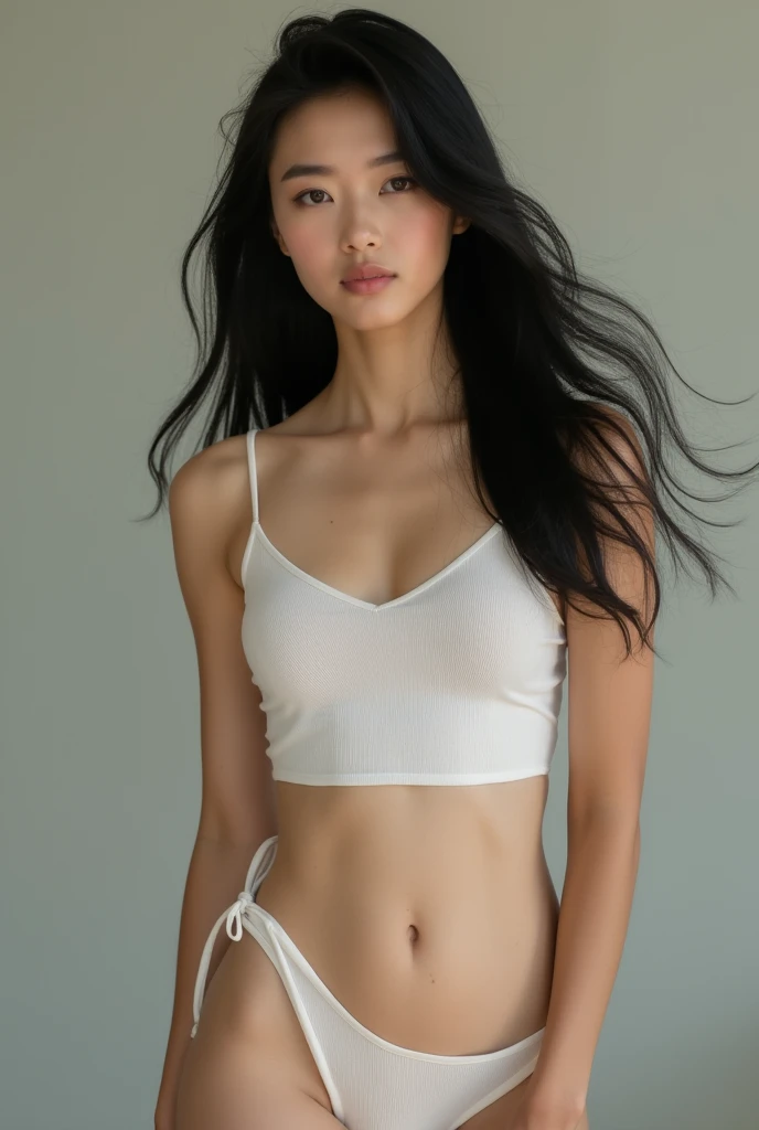 potrait of a young asian girl,long natural black hair, wearing white tube top, vibrant eyes, hand on chin, smooth, flawless skin, glowing complexion, silky touch, even texture, blemish-free, radiant appearance, youthful look, soft and supple skin, poreless, perfect skin tone, porcelain-like complexion, velvety smoothness, dewy and fresh skin, natural beauty, healthy and vibrant skin, upper shot, masterpiece, grey eyes