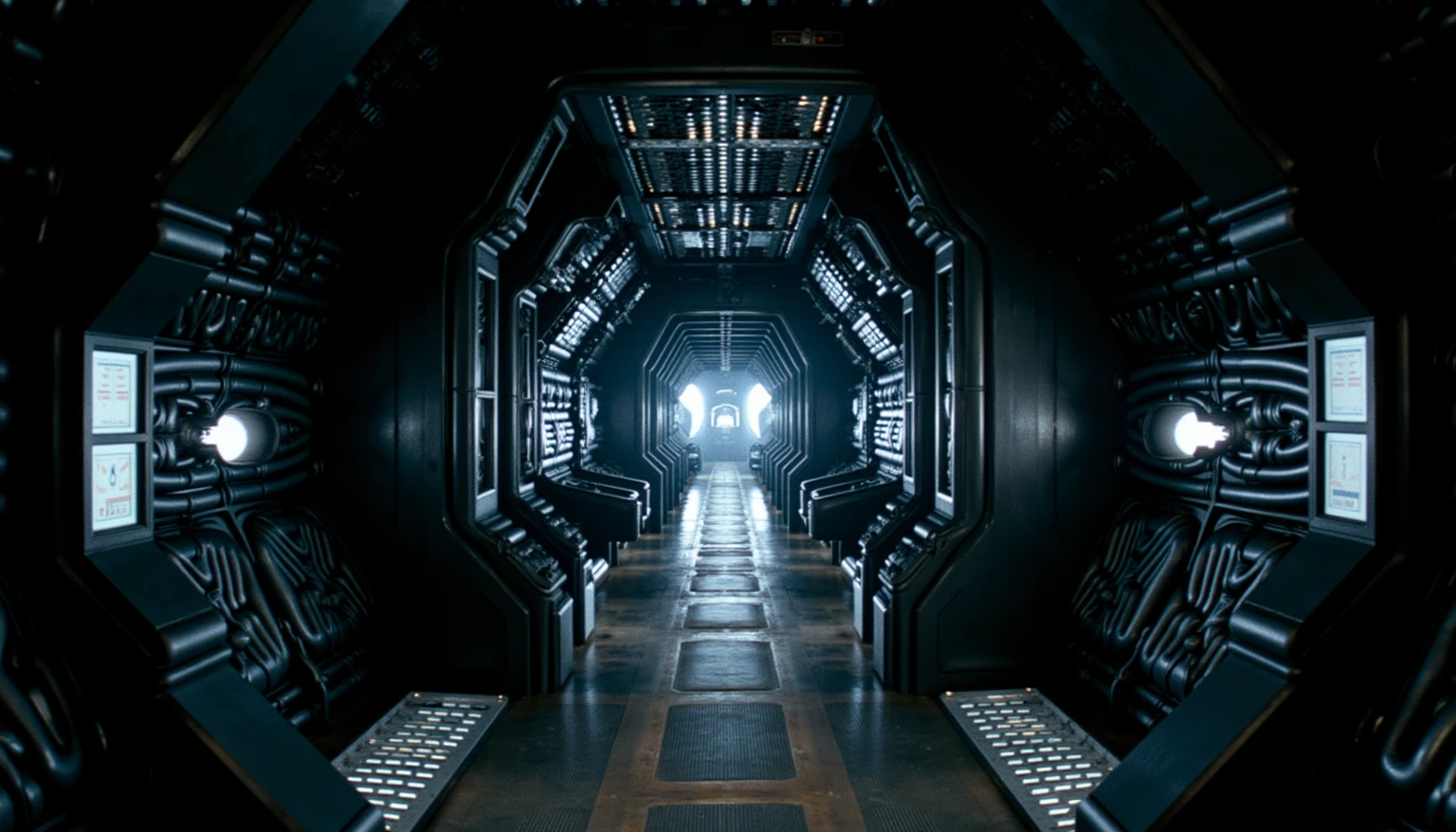 ohwx set design, a photo of a spaceship interior corridor, alien romolus inspired design and cinematic lighting