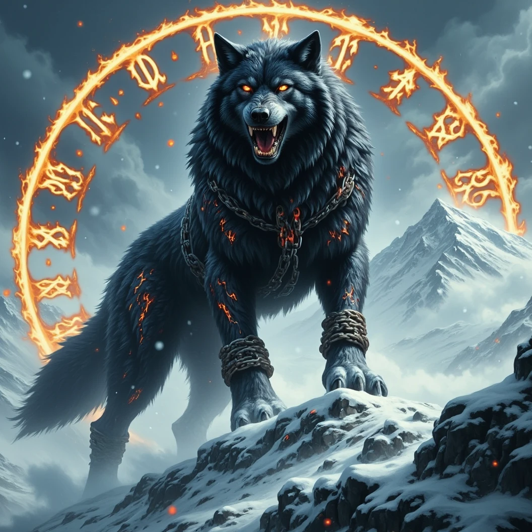 Ginormous black wolf sits like a guard at the peak of a snow covered mountain, looking over a snowfilled valley. Facing viewer. The wolf snarling and his eyes are fiery. His pelt is scarred and his body is wrapped in chains. A blizzard wails around him, blowing his thick black fur. Snow falling fast and being blown around. Fiery Viking runes appear in the sky behind him. The name "Cajun Fenrir" sketched in fiery letters between the runes in the sky. Dynamic movement, dynamic posing, High Resolution, Masterpiece, Cinematic, Depth Of Field, Image Fill, Floating particles 