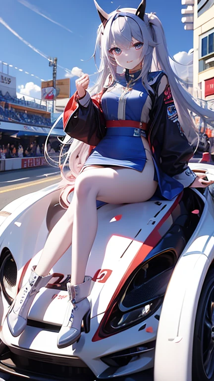 (Masterpiece, Best Quality, great, Highly detailed Unity, 8k resolution, Depth-of-field, super fine-illustration:1.5), 3D, insanely detailed, colorful details, iridescent colors, (natural lighting, natural shading: 0.5), detailed background, (full body shot:1.5) ,
 (1girl), detailed skin texture, shiny skin, exposed skin, delicate hair, (disheveled hair:0.0), Shiny hair, detailed beautiful face, Smile, grin,
 (mech girl:0.4), (mechanical suit:0.4), white and violet and orange metallic exterior, (rampage:1.0), (destruction:0.0),
 (Blue sky, white clouds:1.0), city, meny people, many car, gts, giantess