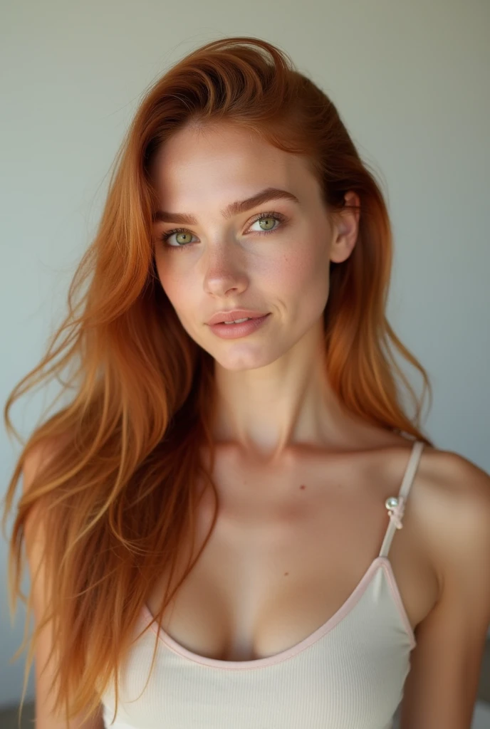 Realistic portrait of a 25-year-old woman. Red hair, beautiful woman, very natural face, perfect beauty, mix of Nathalie Portman and Ariana grande's face. High resolution, 4k