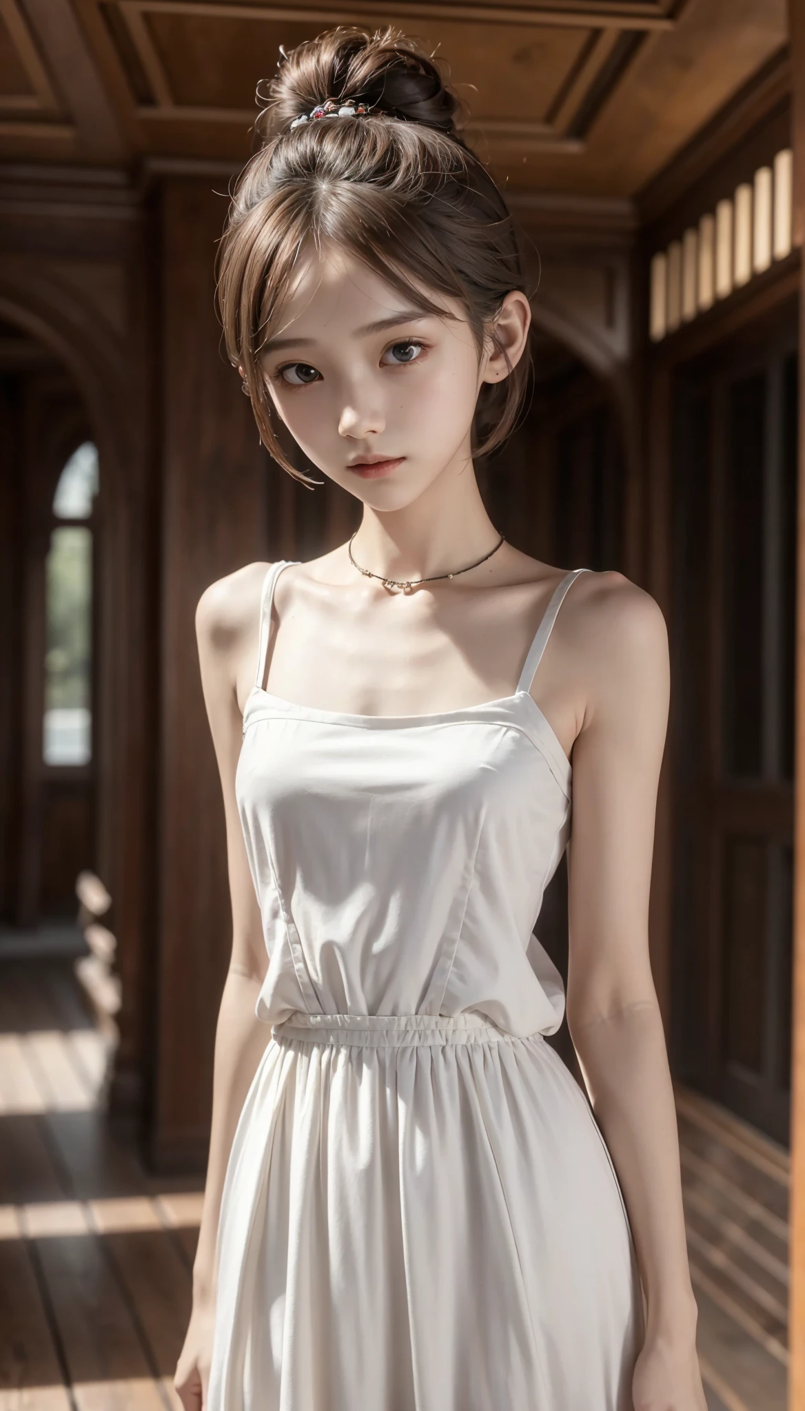  Unity 8K Wallpaper,  more details,  beautiful,  beautiful, masterpiece,  top quality, vibe, mystery, Romanticism, literature, art, fashion,  Victorian, Decoration, Complexity, Ironwork, race, meditation, Depth of emotion,  Supernatural, 1 girl, white skin,White Shoulders,Narrow shoulders,Thin arms, slender waist, bun hair 