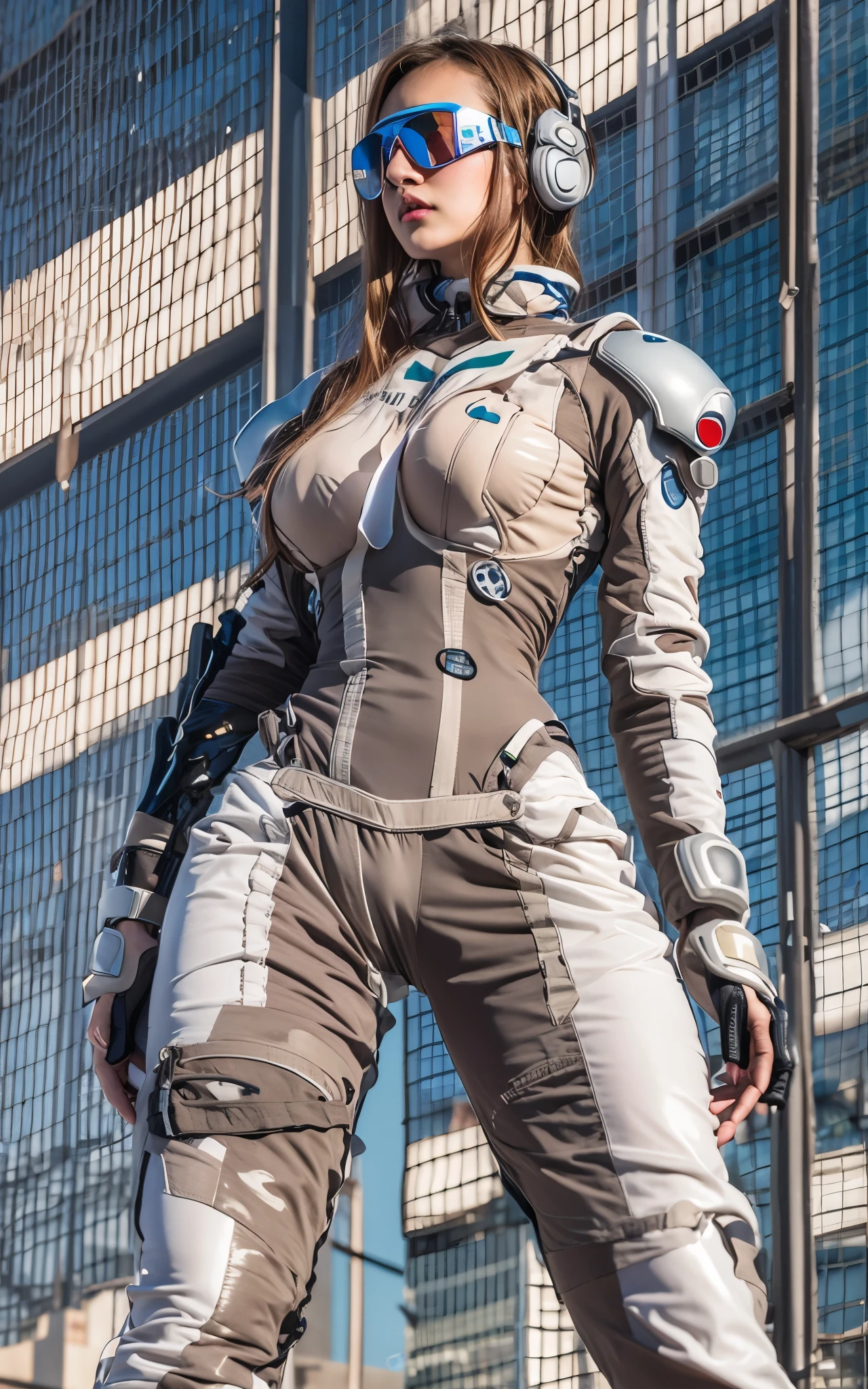 girl, 20s, ((Best Quality)), (Detailed: 1.4), (Absurd), Caucasian female fighter pilot ready for war, front walking, muscular sculptural body defined, Closed mouth, muscular body covered by technological clothing, Cyberpunk, ((perfect large breasts)), close to real, Crazy face, Sexy Pose, Centered, scale to fit the dimensions, Subsurface Dispersion, PBR Texture, Post-processing, Anisotropy Filtering, depth of fields,  Maximum clarity and sharpness, Multilayer textures, Surface Shading, accurate simulation of light and material interactions, Perfect proportions, thirds rule, top-quality, in 8K, ultra-detailliert, Being on the roof of a skyscraper, Smooth bodysuit, spiffy white plugsuit