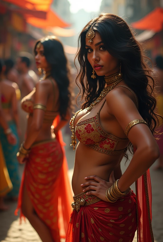 Beautyfull indian girl with very very huge breasts in exposed saree in Indian market surrounded by local men, striping ,nude top ,covering breasts, curvy navel, nipples , nude breasts, sexy curvy belly, nude legs