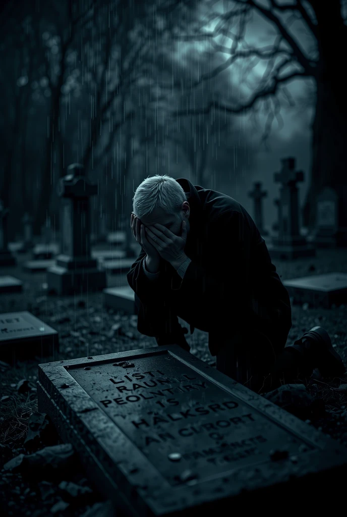 a man sitting in front of a grave crying, at night, Remembering the person who left it's night and it's raining