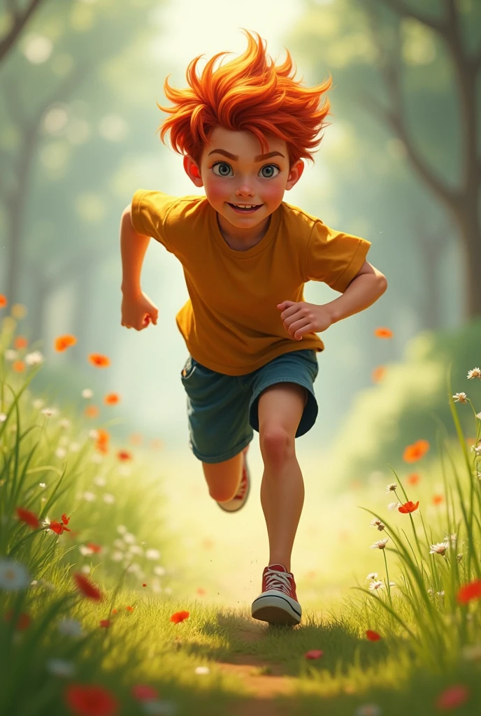 illustration, childrens book,
A red-headed boy in a blue shirt and red shorts is in the park, arms outstretched with a big smile and waving.