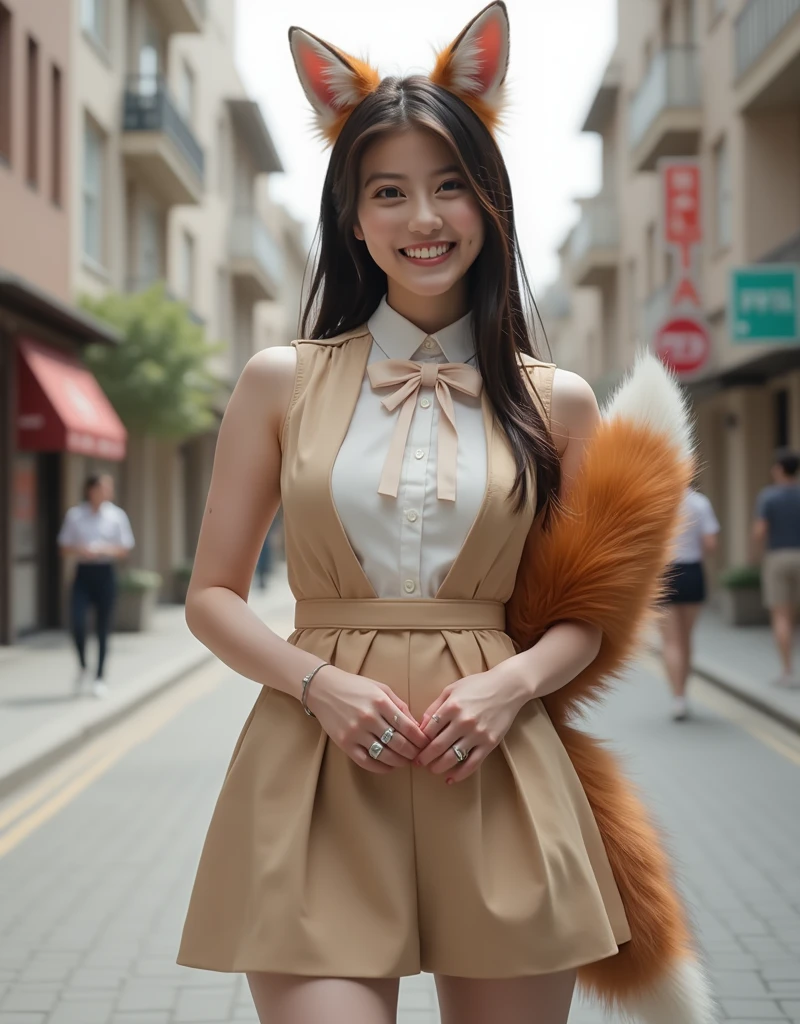 (( top quality, 8k)), ((masterpiece)), ( highest resolution), perfect face, woman with fox ears , A woman with a tail , Beauty , She's a college student , It was taken on the street, Only one tail, she has thick thighs , Her big fox tail , her fox tail is visible , She wags her tail, She wears a bow tie , she's wearing a dress, Big Breasts , big hips, she has 1 tail growing on her butt , her fox tail is sticking out , Her tail is brown , smile