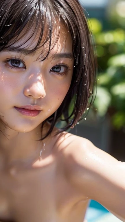 ((()))(masterpiece:1.3), (8K、Realistic, RAW Photos, Highest quality:1.4), (alone), 1 Japanese girl, Beautiful Face, 完璧な対称性を持つBeautiful Face, Cute face, nice smile, (Beautiful black hair bob cut), Beautiful dark eyes, Perfect Anatomy, (Skin with attention to detail: 1.2), Natural Breaautiful thighs, Perfect Anatomy, Braiding, With bangs, Sweaty, Wet肌, ((Wet:1.1)), Beautiful river in tropical natural park, Perfect lighting, Focus Only, (Big Ass),