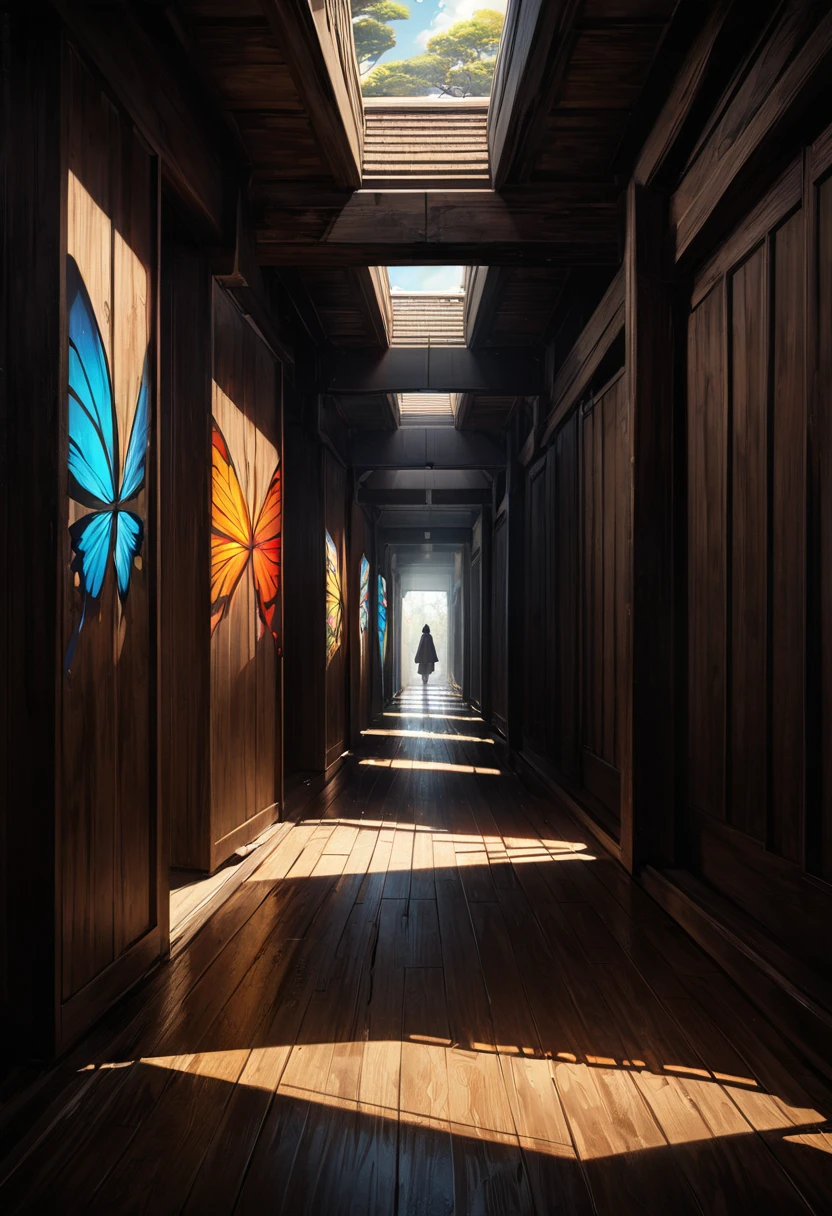 Surrealism, work of art, 8K quality, "endless corridor", perspective, traditional Japanese architectural corridor, an impossibly long corridor converging at a single point, the floorboards are made of keyaki wood, creating the atmosphere of an old temple, unrealistic yet endless corridor, sunlight shines in from the side in places, a swarm of brightly colored butterflies fly in long bands through the space of the corridor, the swarm of butterflies sparkling in the sunlight in places, a woman in a kimono is walking far ahead.