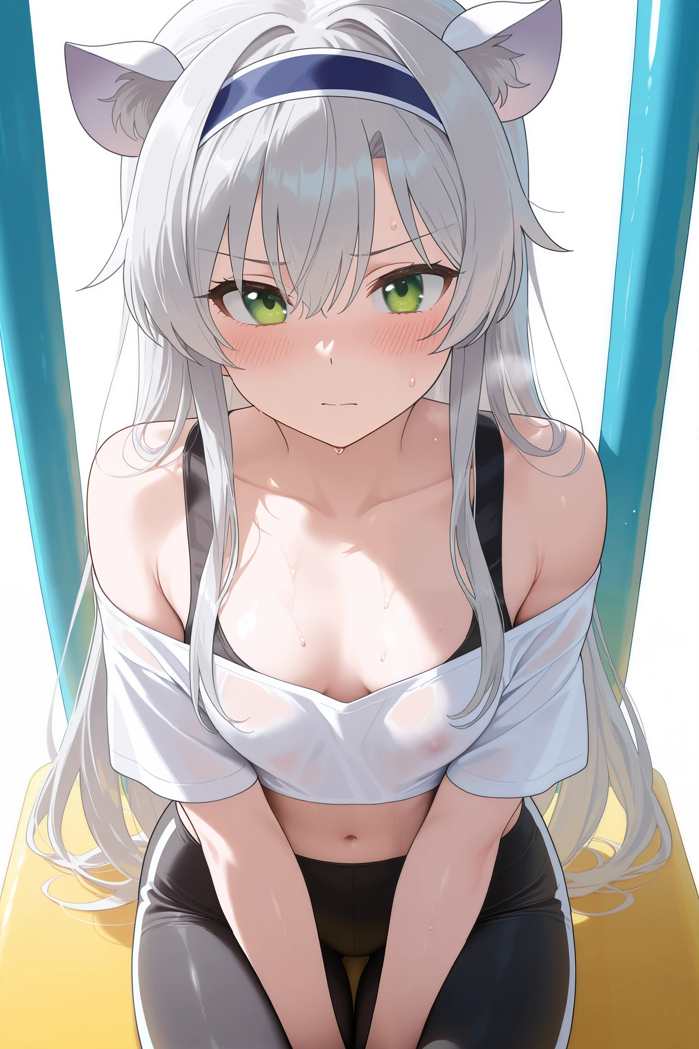 NSFW,masterpiece, top quality, high definition, very detailed,Sistine＝Fiebel 、 Roku Denashi Magi Instructor and Akashic Records、 green eyes、 gray hair、stupid hair、 small breasts、 long hair、 Blue Hairband 、 fake animal ears ,leggings, shorts , crop top, off shoulder,Short sleeve,sweat, I'm tired,blush,Indoor playground 