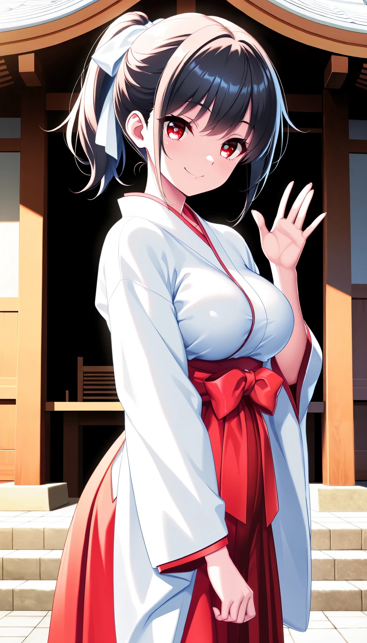 1 cute Japanese shrine maiden :1.4, smile:1.2, Beautiful clear skin:1.4, Light pink skin ,  beautiful eyes drawn in detail, Shining pupils,  glossy lips ,  very detailed face, ((Japanese Shrine Maiden Clothing:1.1,  smooth black hair , Hair tied in a ponytail:1.1)),  hand waving pose, (( Random Sexy Poses)), Pleasure, Obscene,  dramatic lighting ,  indecent vibe, Beautiful round breasts:1.2,  in front of a sacred Japanese shrine,  bright color,  cinematic composition ,  anime style :1.2, Detailed CG illustration, 8k, masterpiece．