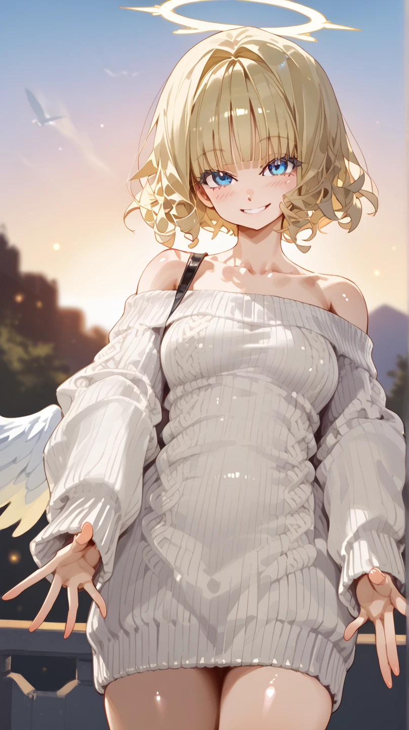 ((flying in the sky)), ((angel, big big white wings:1.3, halo:1.3)), ((sunset)), (((sea, beach))), (((cowboy shot))), archangel Uriel, ((wavy hair, outward curled hair)), evening, ((blond hair, bob cut:1.3)), breasts, teenager, (looking at viewer), oversized clothes, puffy long sleeves, collarbone, ((off-shoulder sweater:1.3, Quite thick shoulder straps)), ((white sweater)), collarbone, head tilt:1.3, (((blue eyes))), ((happy smile)), (((anime style))), (best quality, 4K, 8K, highres, masterpiece:1.2, ultra-detailed, ultra-detailed eyes, HDR, uhd, studio lighting, ultra-fine painting, sharp focus, physically-based rendering, extreme detail description, professional, vivid colors, bokeh)