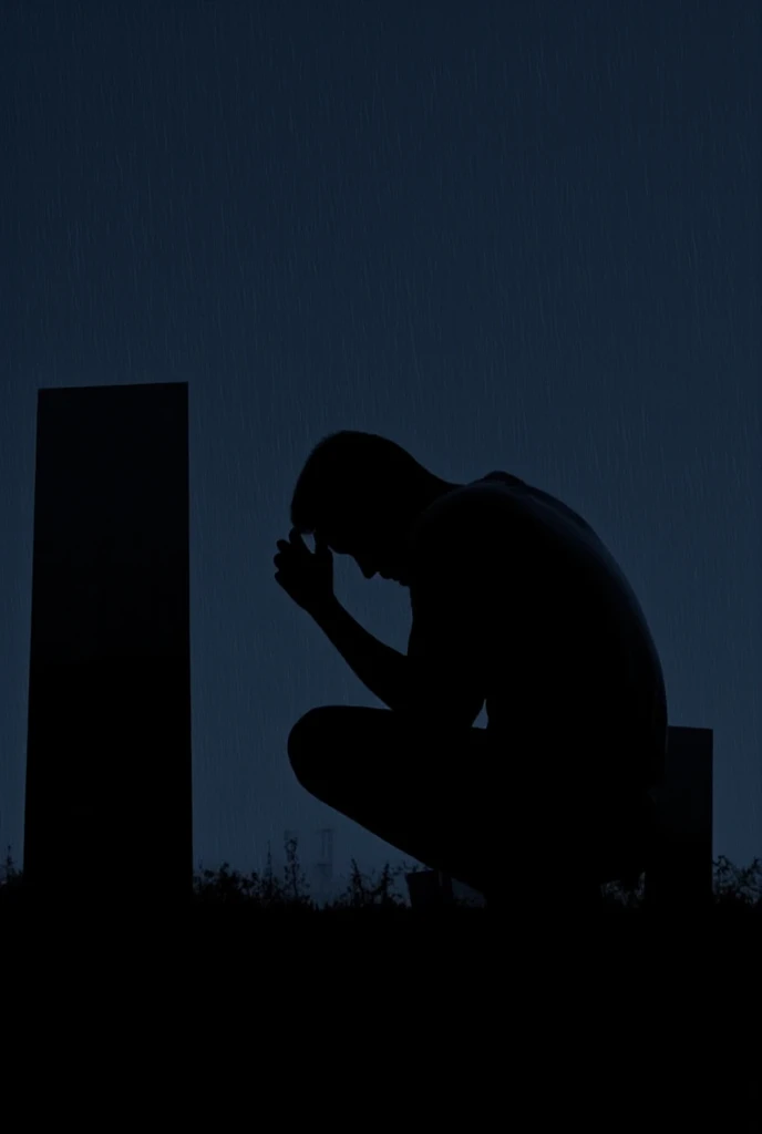 a man sitting in front of a grave crying, at night, Remembering the person who left it's night and it's raining