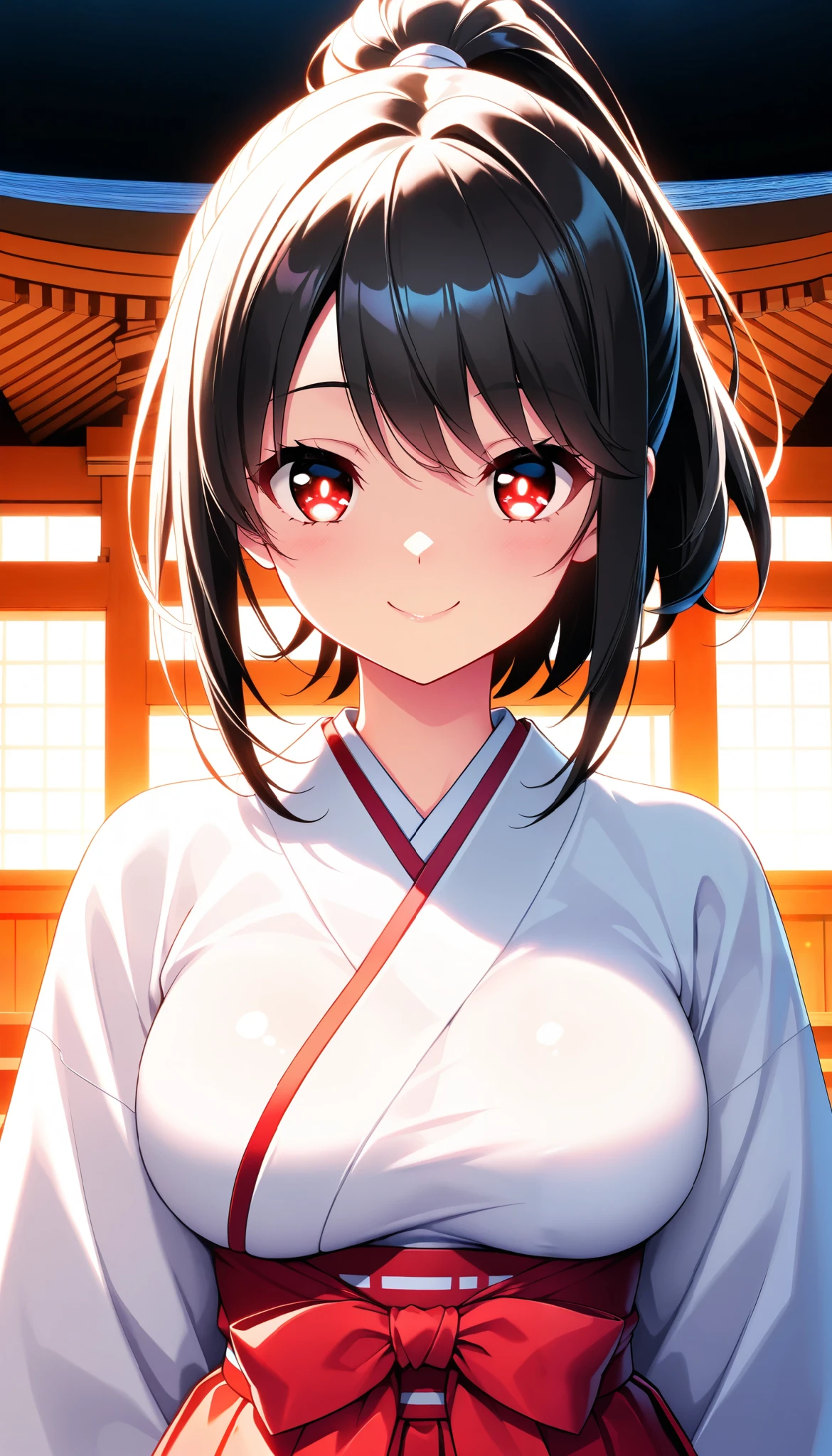 1 cute Japanese shrine maiden :1.4, smile:1.2, Beautiful clear skin:1.4, Light pink skin ,  beautiful eyes drawn in detail, Shining pupils,  glossy lips ,  very detailed face, ((Japanese Shrine Maiden Clothing:1.1,  smooth black hair , Hair tied in a ponytail:1.1)),  hand waving pose, (( Random Sexy Poses)), Pleasure, Obscene,  dramatic lighting ,  indecent vibe, Beautiful round breasts:1.2,  in front of a sacred Japanese shrine,  bright color,  cinematic composition ,  anime style :1.2, Detailed CG illustration, 8k, masterpiece．