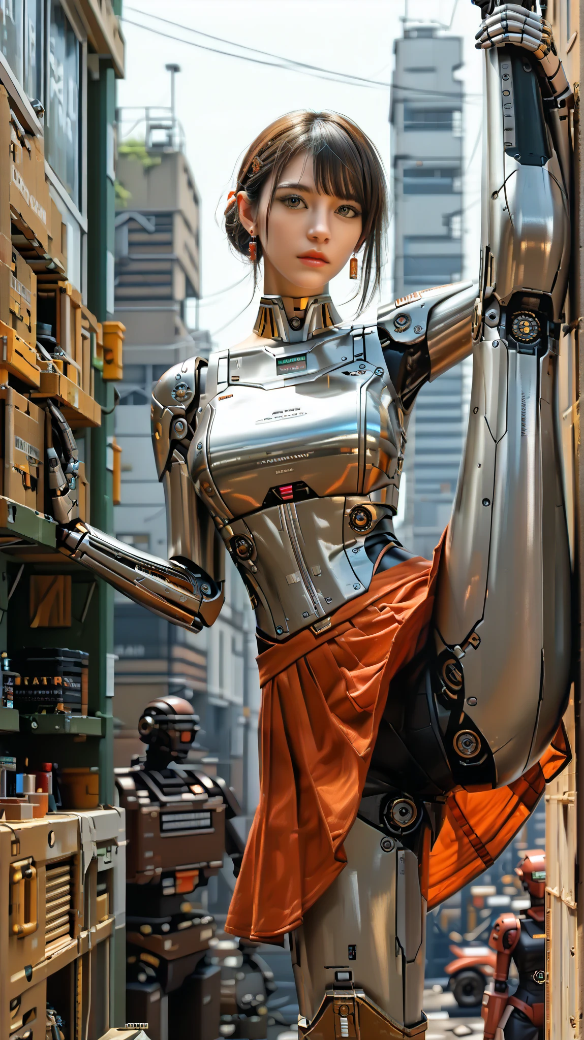 (((masterpiece))), (realism, realism texture, (science fiction, distant future), (top Quality, High Quality, top resolution, high resolution, (ultra detailed, high detailed))), (beautiful android woman, woman is incredible machine), (beautiful face), almond shaped eyes, (thin lips, wide mouth), (robot armor:1.3), machine frame, skirt, (steel knee-high greaves, (mechanical hands)), robot joint, (robot neck joint:1.2), (robot contents are mechanical parts and substrate wiring, contents of the robot are exposed:1.3), maintenance, Expressionless face, (cowboy shot), (standing split, in a scrap yard:1.5), (closed mouth)