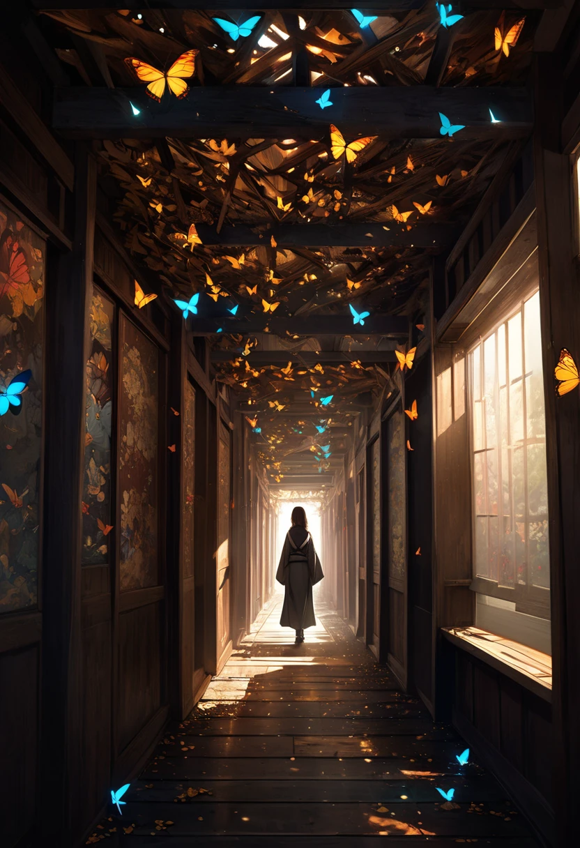 Surrealism, work of art, 8K quality, "endless corridor", perspective, traditional Japanese architectural corridor, an impossibly long corridor converging at a single point, the floorboards are made of keyaki wood, creating the atmosphere of an old temple, unrealistic yet endless corridor, sunlight shines in from the side in places, a swarm of brightly colored butterflies fly in long bands through the space of the corridor, the swarm of butterflies sparkling in the sunlight in places, a woman in a kimono is walking far ahead.