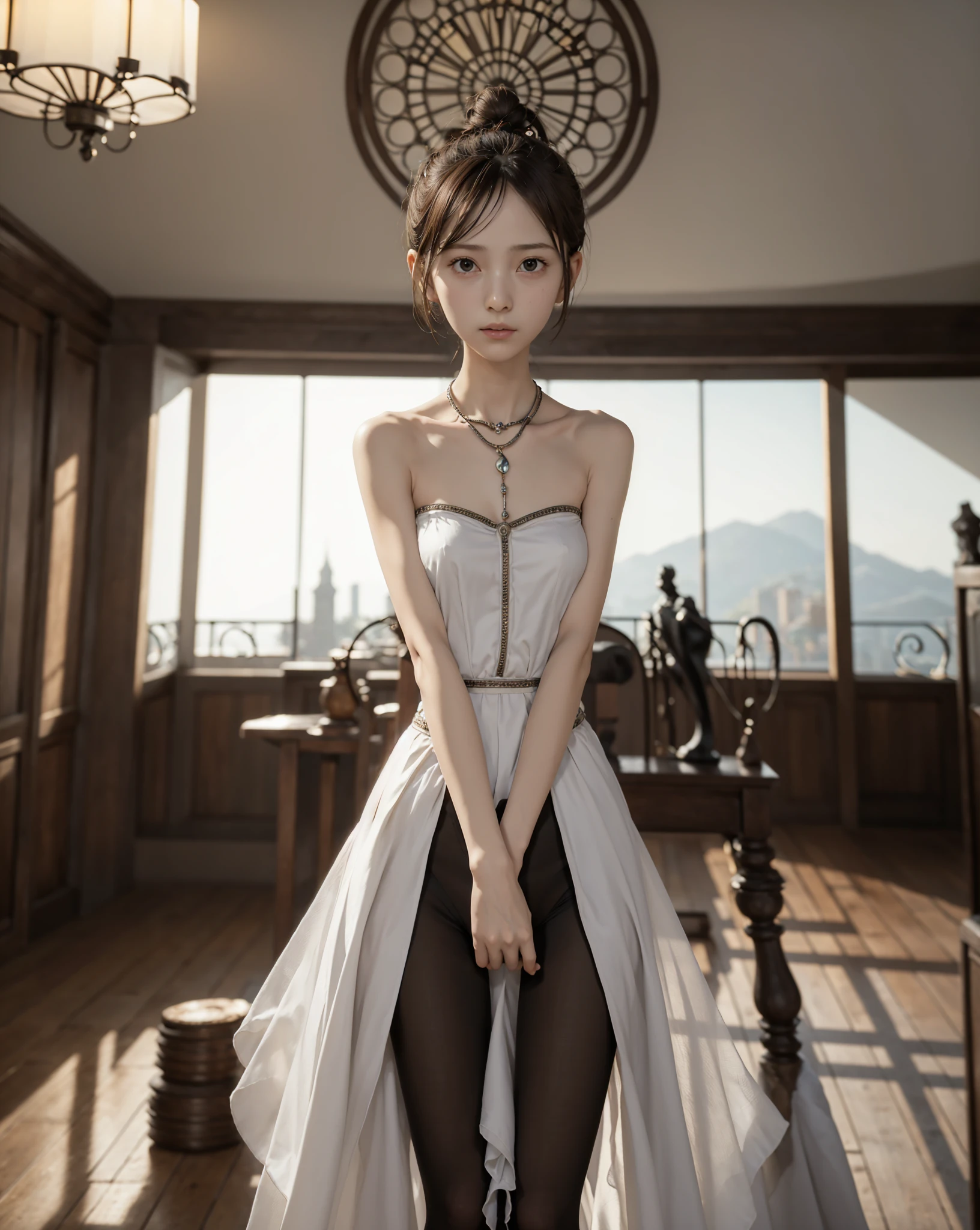  Unity 8K Wallpaper,  more details,  beautiful,  beautiful, masterpiece,  top quality, vibe, mystery, Romanticism, literature, art, fashion,  Victorian, Decoration, Complexity, Ironwork, race, meditation, Depth of emotion,  Supernatural, 1 girl, white skin,White Shoulders,Narrow shoulders,Thin arms, slender waist, bun hair 