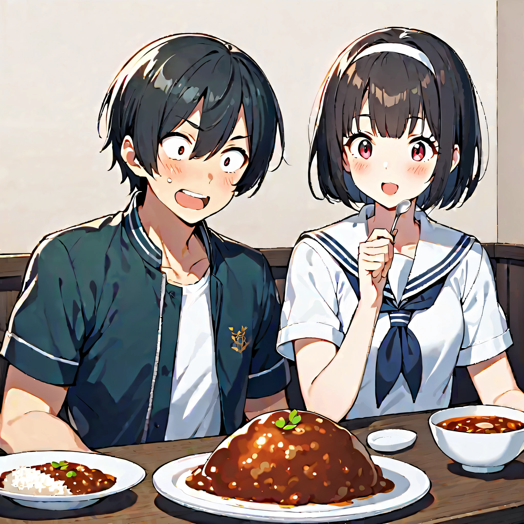 1girl, blush, short hair, open mouth, bangs, seifuku, black hair, red eyes, 1boy, holding, sitting, jacket, white shirt, short sleeves, hairband, food, open clothes, teeth, indoors, white skin, seifuku, cup, sailor, siblings, eating, table, plate, bowl, wide-eyed, white hairband, spoon, brother and sister, rice, holding spoon, curry, smile and funny.