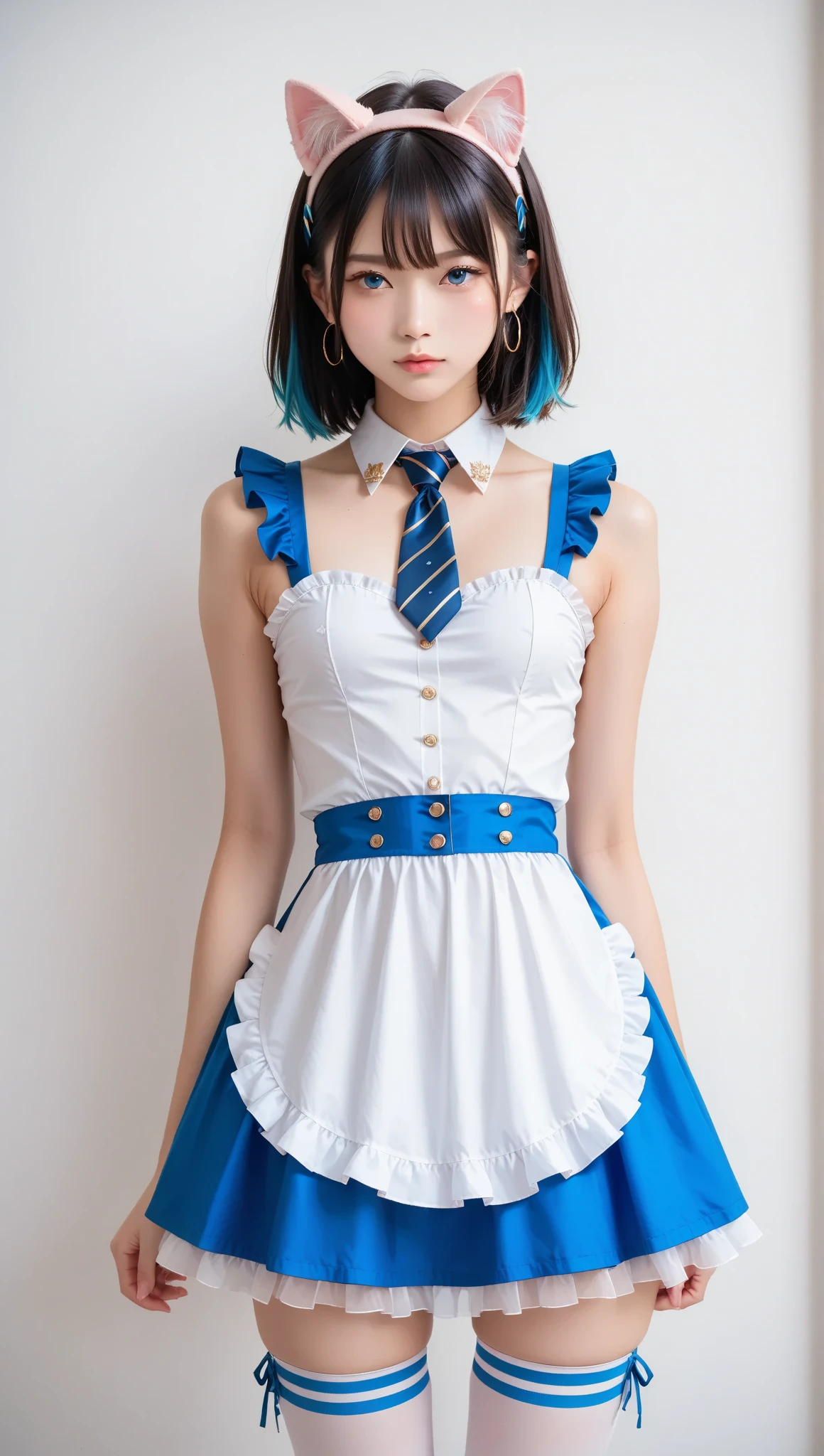 A professionally styled magazine cover photo showcasing one girl posing seductively while wearing an elaborate cobalt blue and white two-block dirndl accented by gold lines. The outfit includes multi-layered pinafore aprons with ruffles, sleeveless ruffled shoulder straps exposing bare shoulders, and a high-neck white collared blouse finished with a cobalt blue and gold-striped tie. She accessorizes with cobalt arm covers, thigh-high stockings covering her legs entirely to her toes, platform boots, and an adorable maid headband featuring cobalt-blue fake cat ears. The shot highlights sharp details in vibrant colors for maximum visual impact.