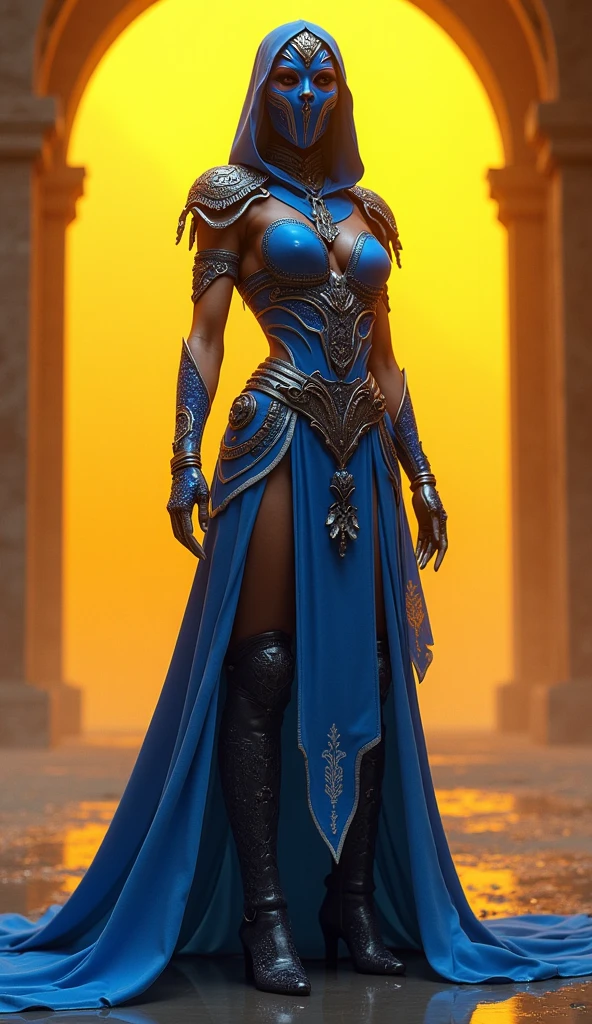 (masterpiece, top quality, best quality, official art, beautiful and aesthetic:1.2), (1girl:1.3), dark blue hair in braid, extremely detailed, portrait, looking at viewer, solo, (full body:0.6), detailed background, close up, (cool science fiction space theme:1.1), ((((blue skin)))), extremely busty alien sorceress, charlatan, mysterious, casting spells in space, four arms, revealing white and gold robes, veil, hood, fingerless gloves, long gloves, glowing magical energy, white blindfold, elaborate headdress, golden ceremonial winged crown, sheer white fabric, elegant robes, skirts, streamers, cowl, cape, sandals, bracers, ((((four arms, gigantic breasts, cleavage, skindentation)))), slim waist, slim hips, long legs, athletic, SPACE, futuristic moon, (space exterior:1.1) background, dark mysterious lighting, shadows, magical atmosphere, dutch angle